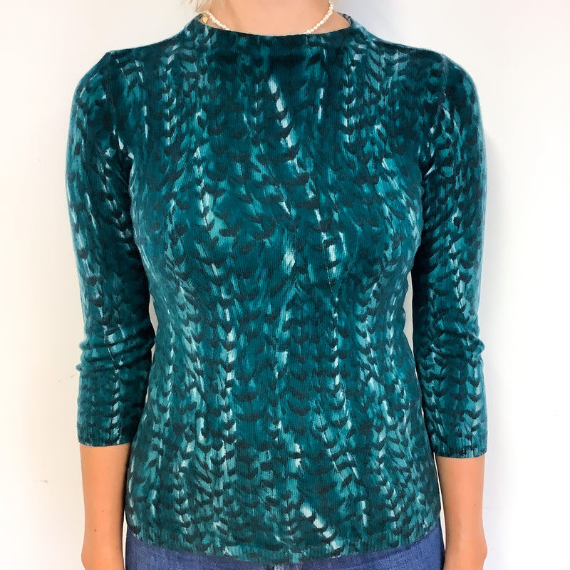 Teal Green Feather Patterned Cashmere Crew Neck Jumper Small