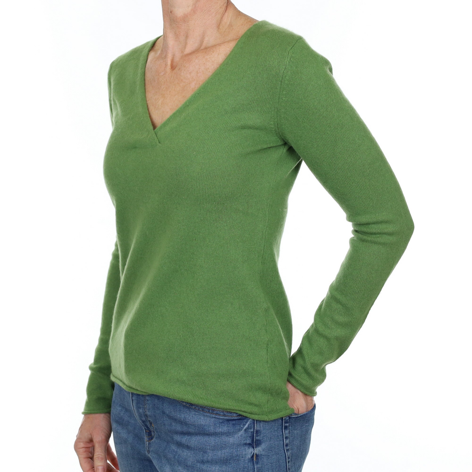 Fern Green Cashmere V Neck Jumper Small