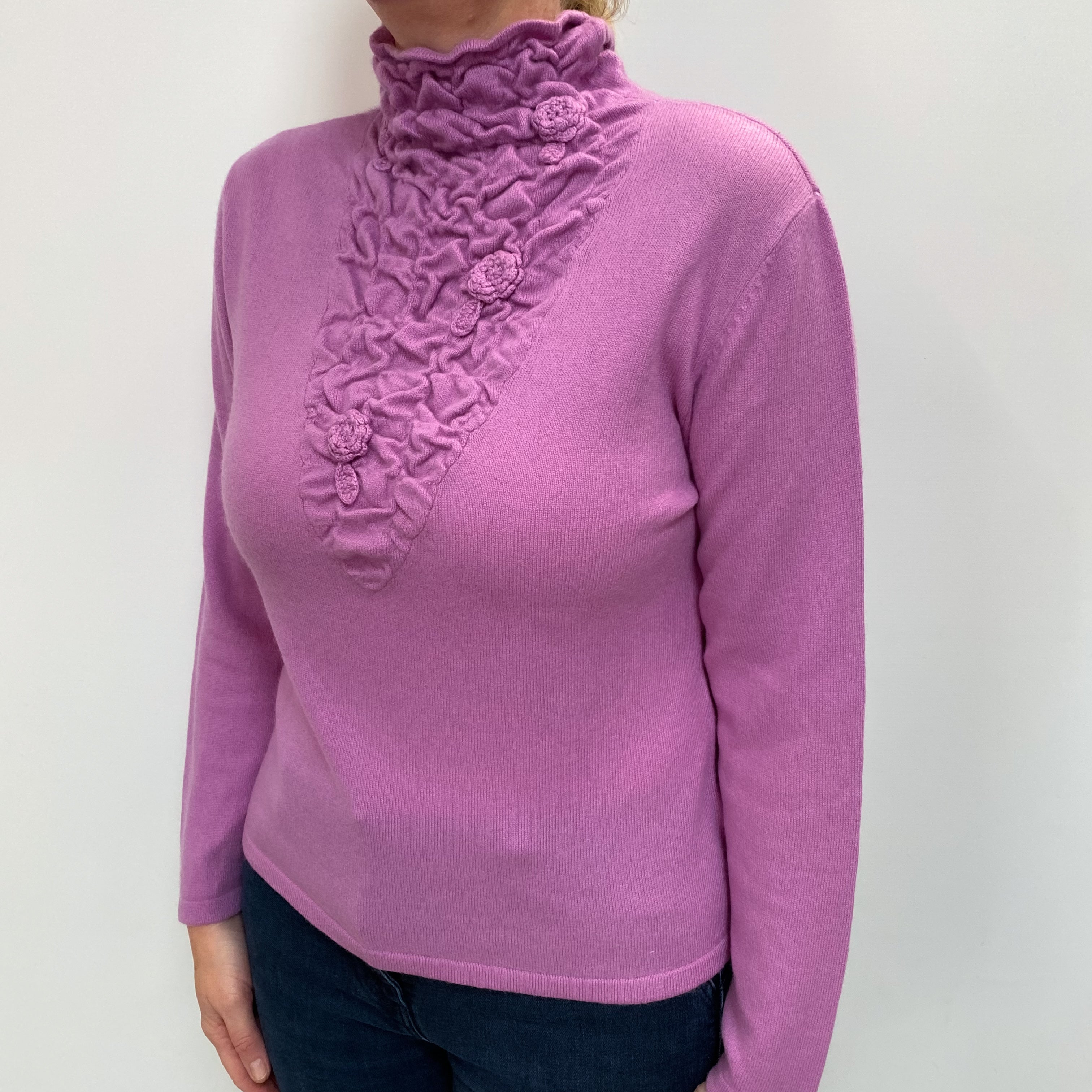Lilac Purple Cashmere Ruched Turtle Neck Jumper Large