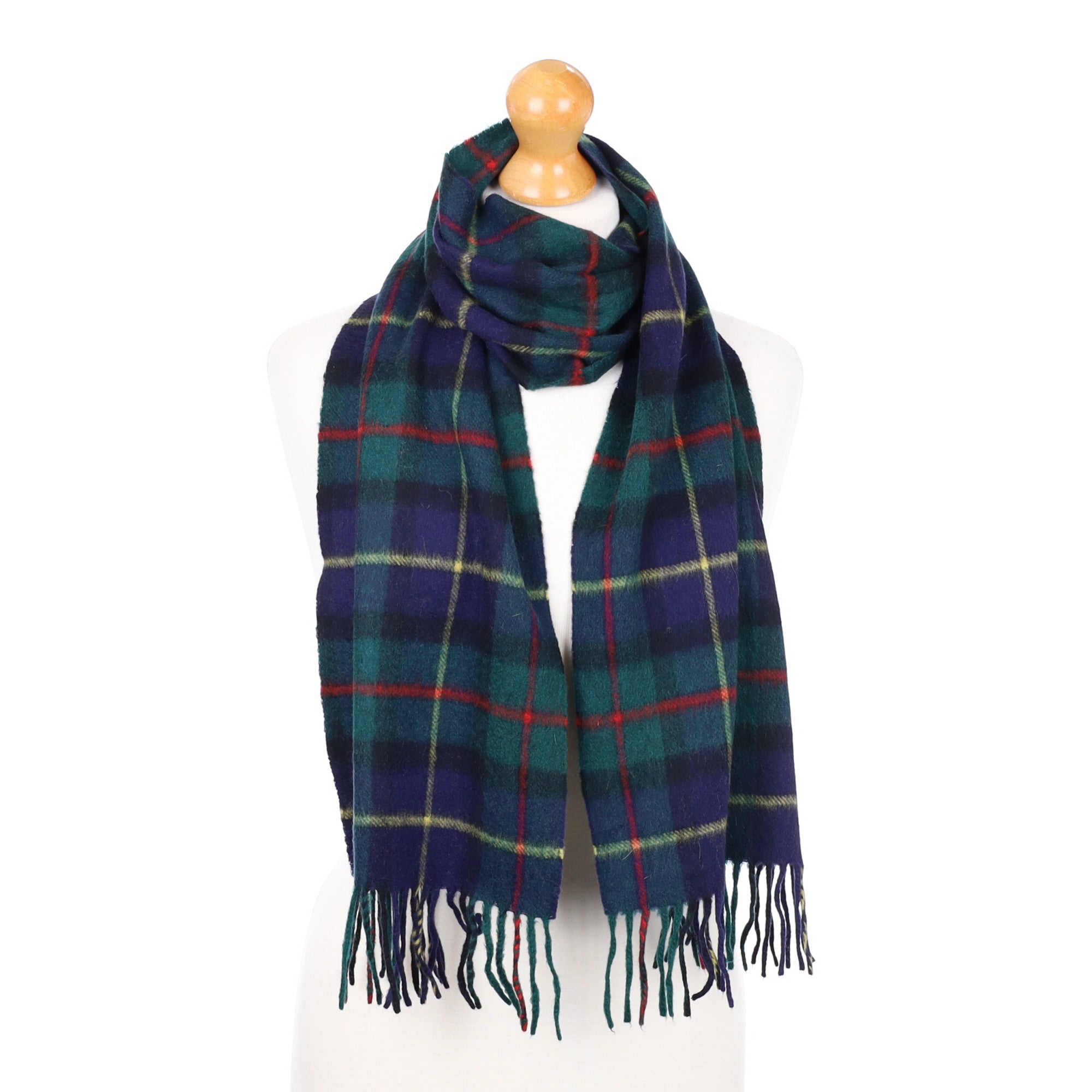 Green/Navy Check Fringed Cashmere Woven Scarf