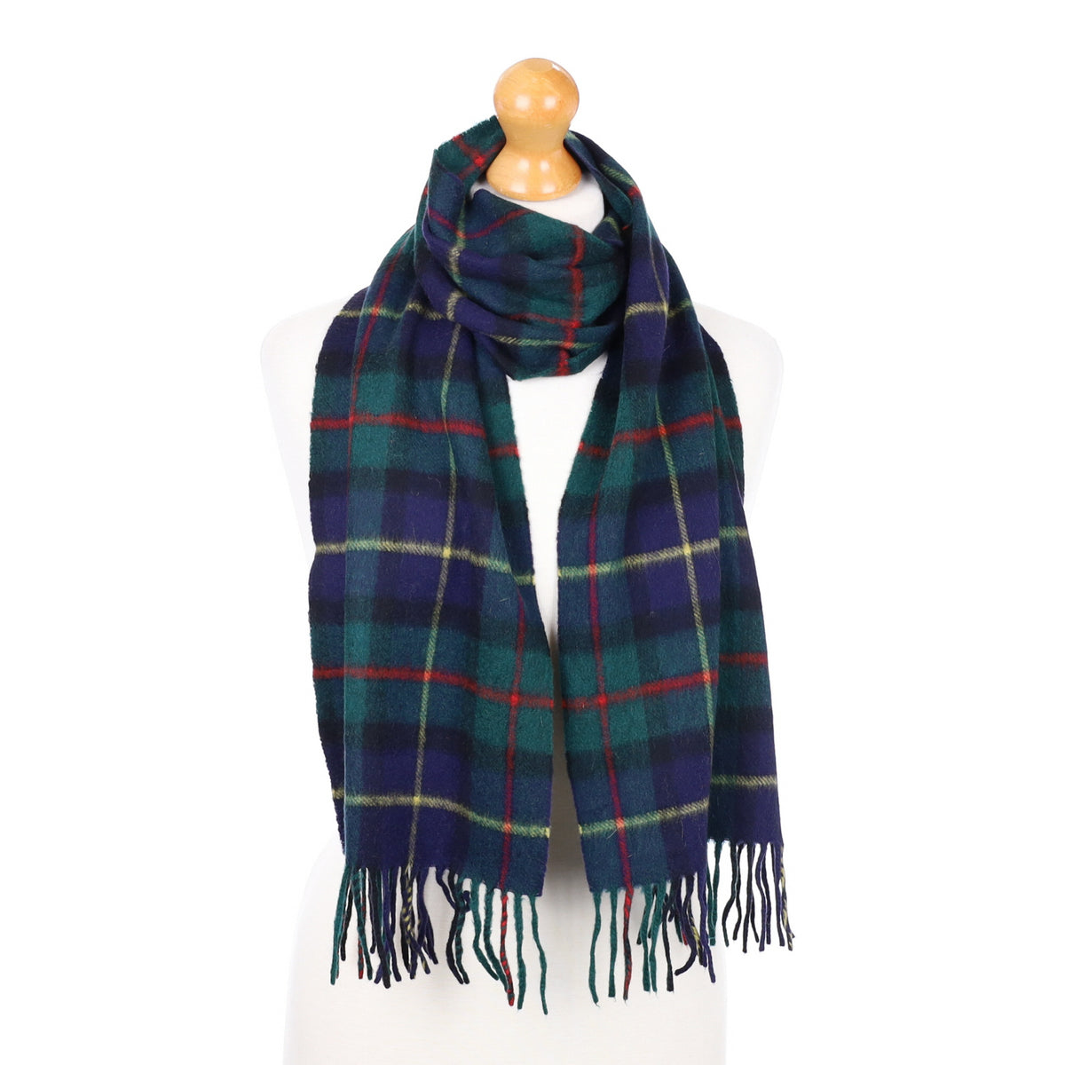 Green/Navy Check Fringed Cashmere Woven Scarf
