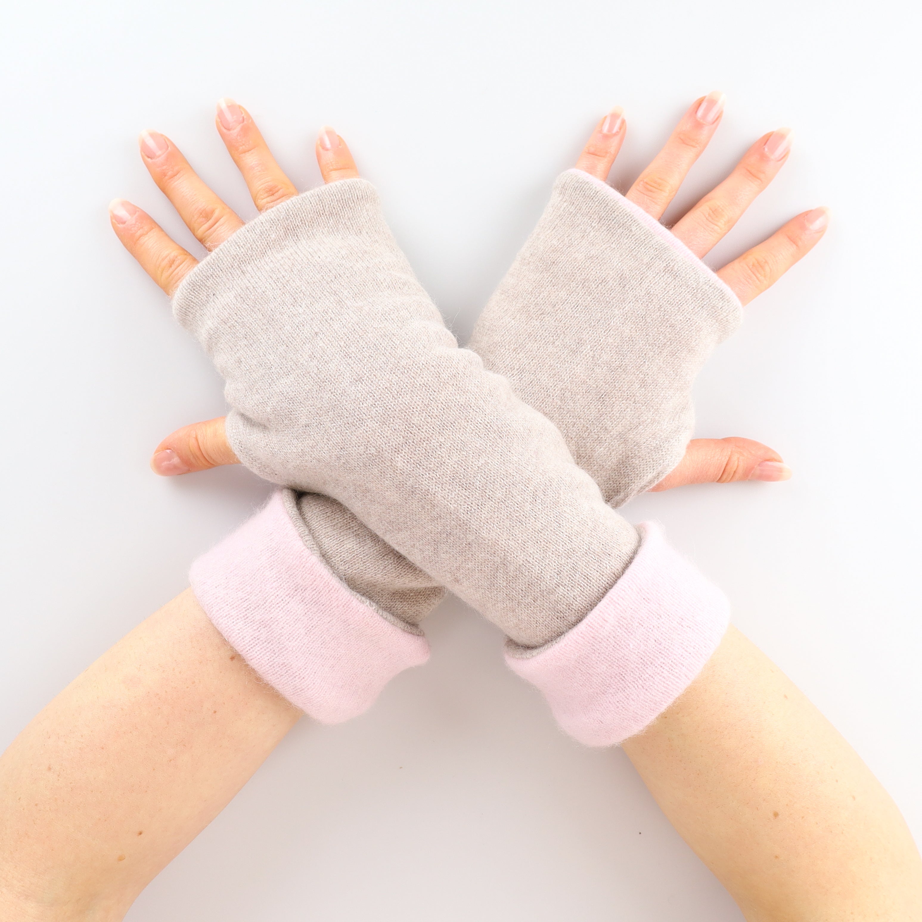 Oatmeal and Ice Pink Reversible Cashmere Fingerless Gloves