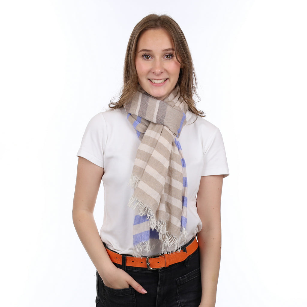 Brand New Scottish Mink and Sky Blue Luxury Woven Cashmere Crinkle Wrap
