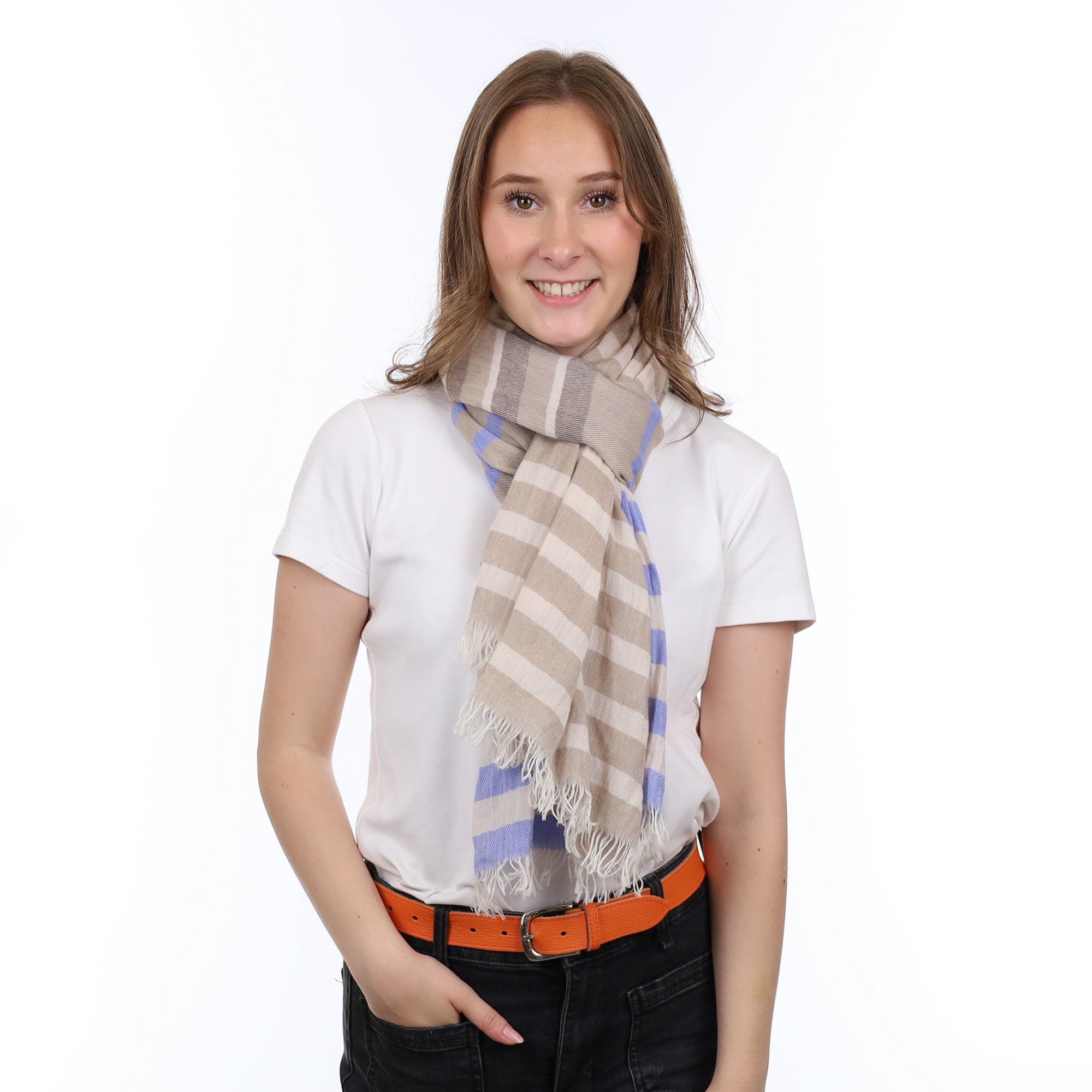 Brand New Scottish Mink and Sky Blue Luxury Woven Cashmere Crinkle Wrap