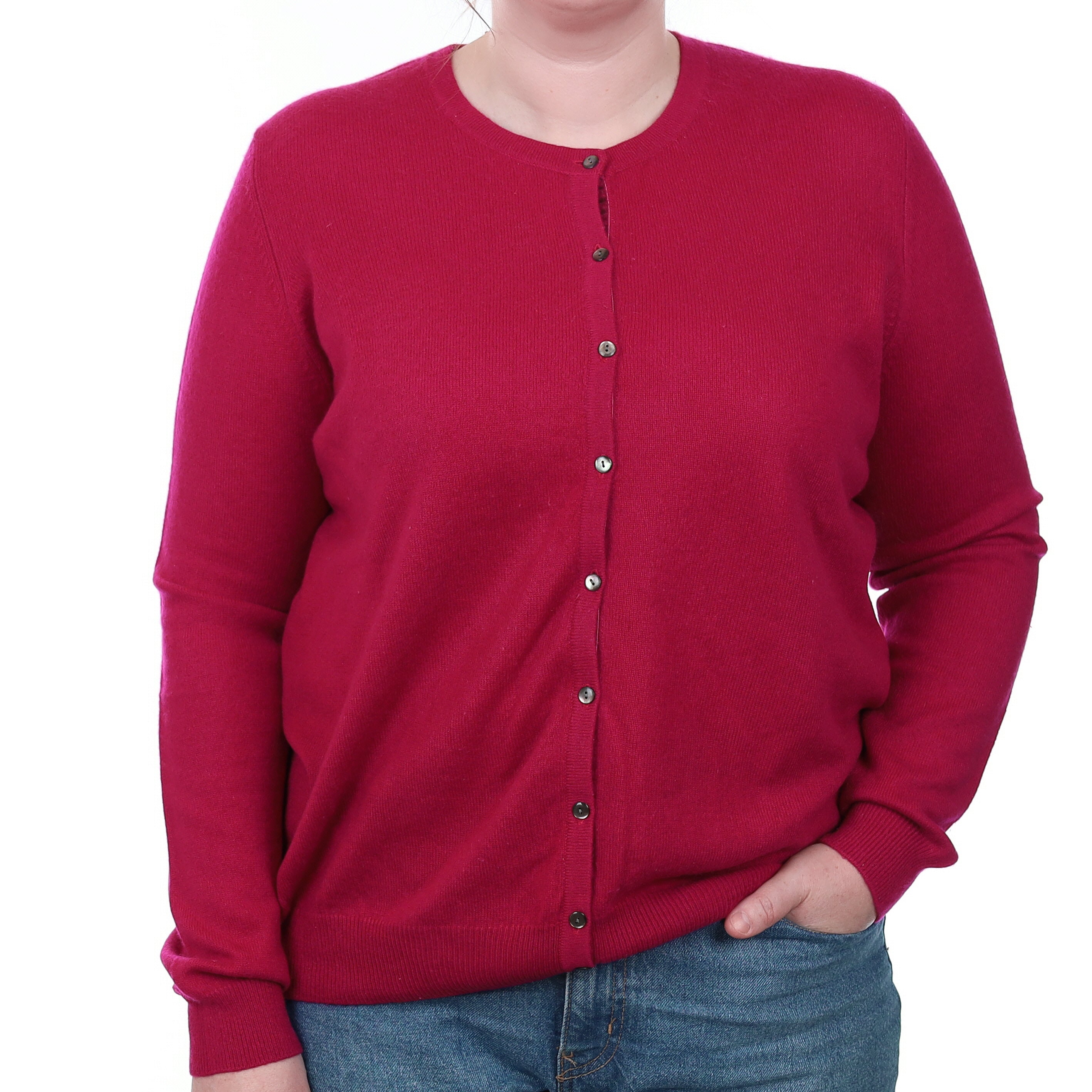 Deep Cherry Pink Cashmere Crew Neck Cardigan Large