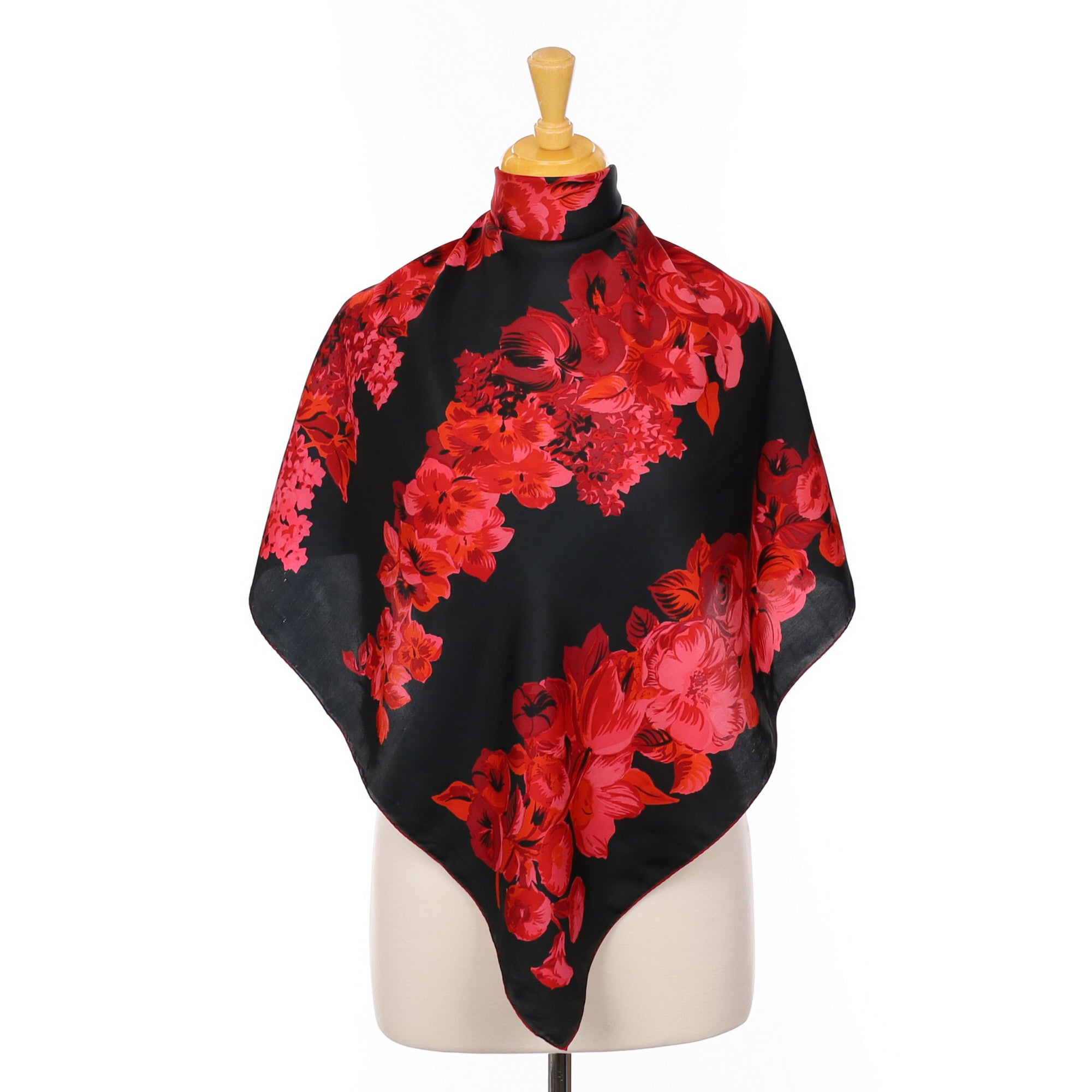 Swiss Black and Red Floral Vintage Silk Scarf
