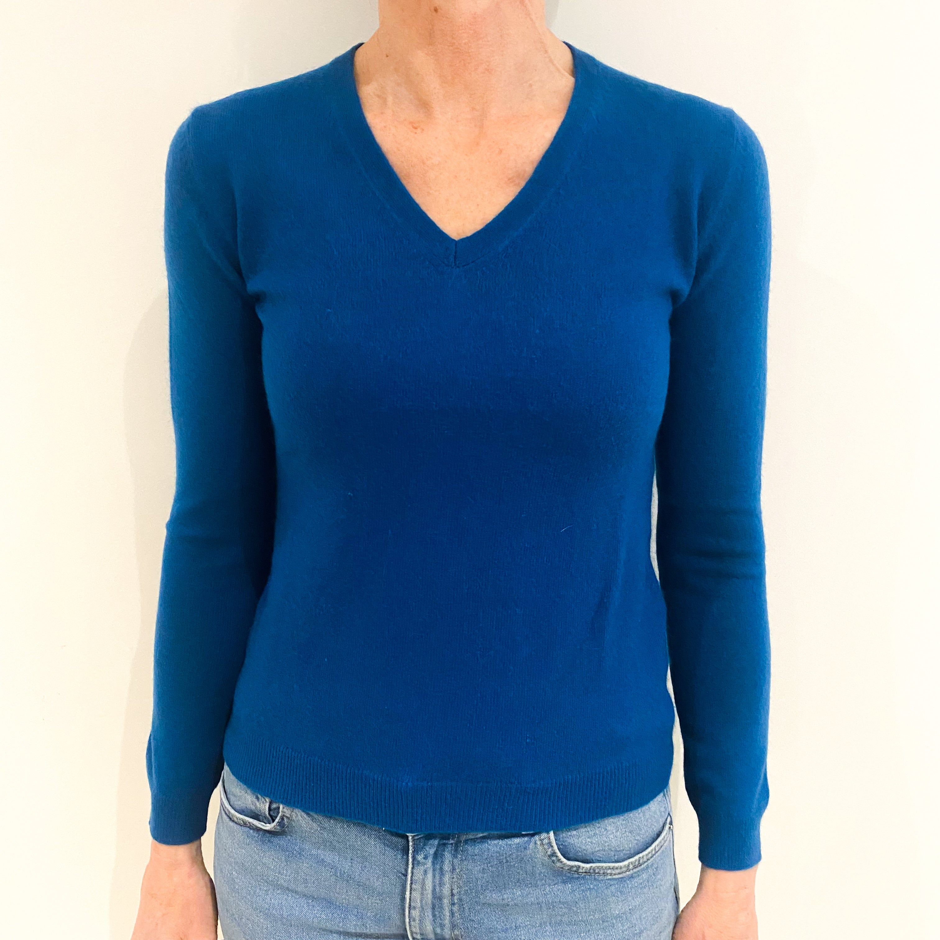 Teal Blue Cashmere V Neck Jumper Small