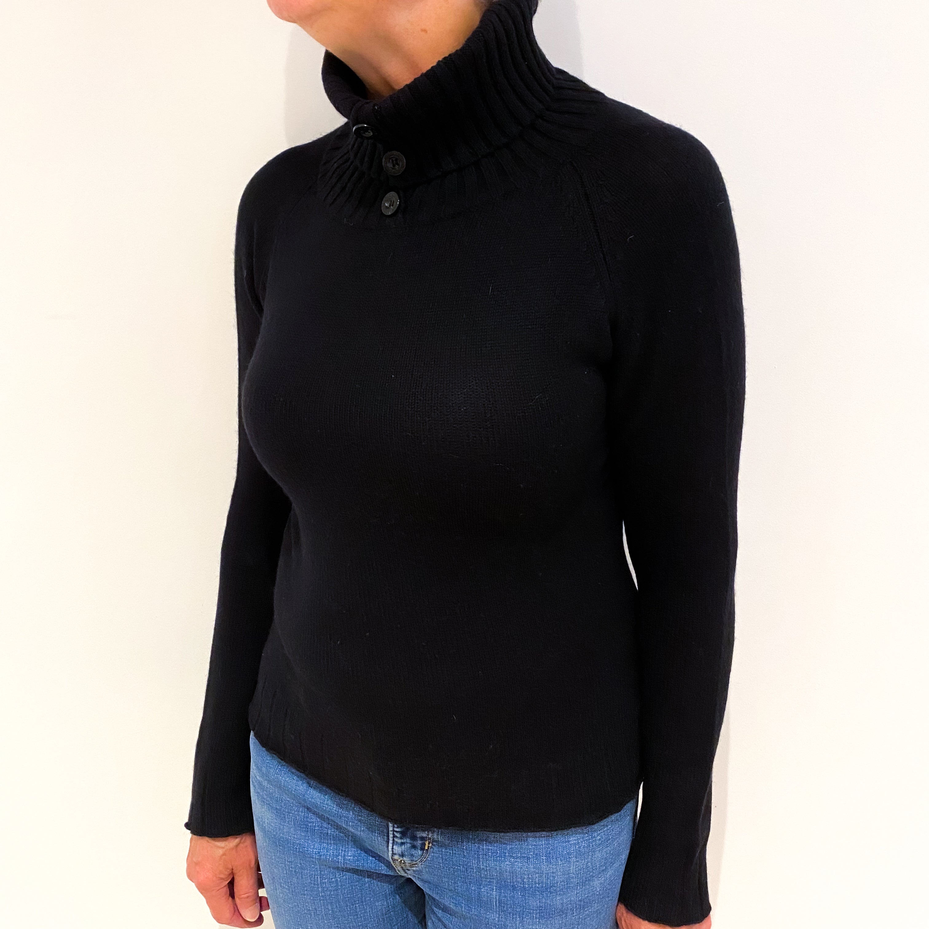 Italian Black Cashmere Polo Neck Jumper Medium