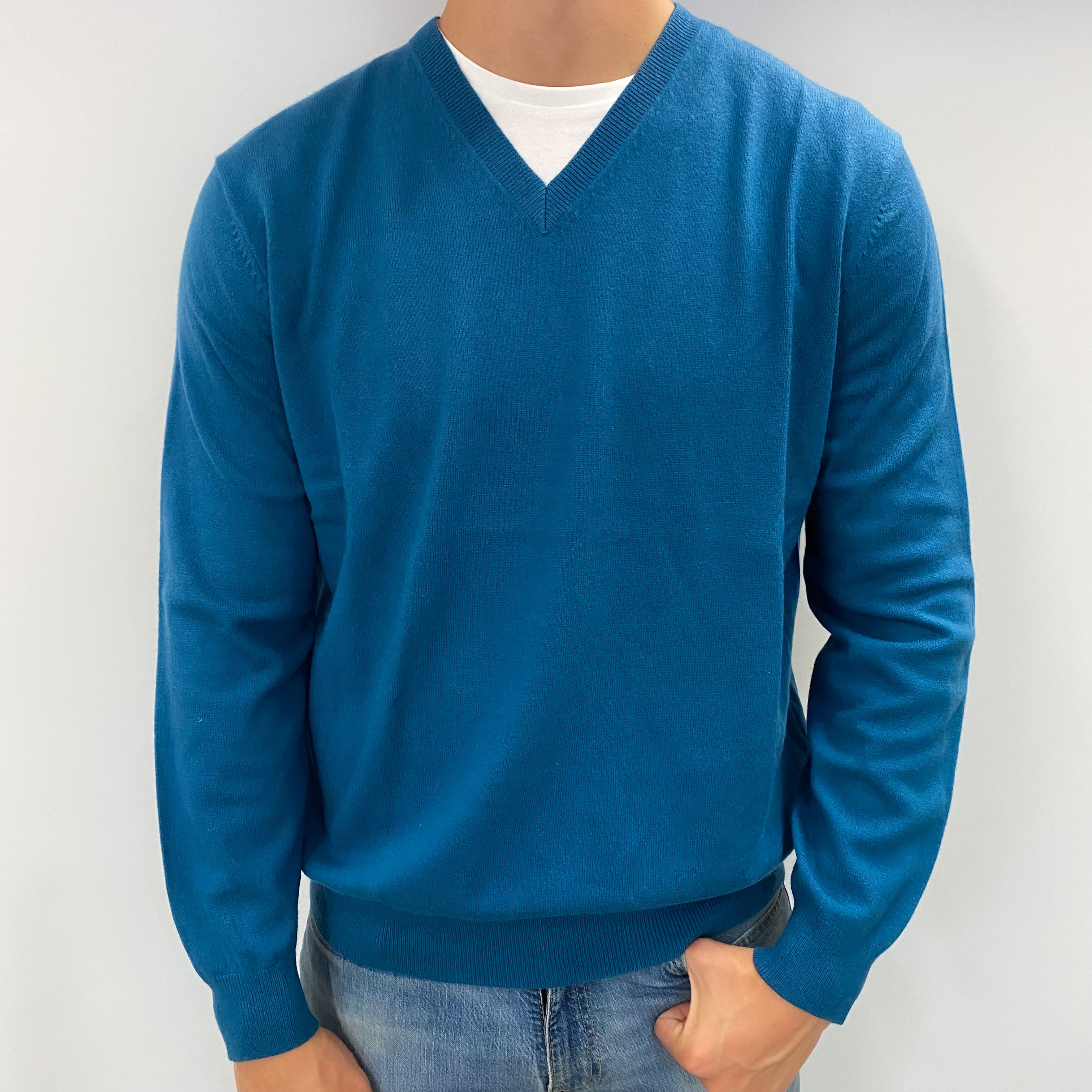 Men's Teal Blue Cashmere V Neck Jumper XL