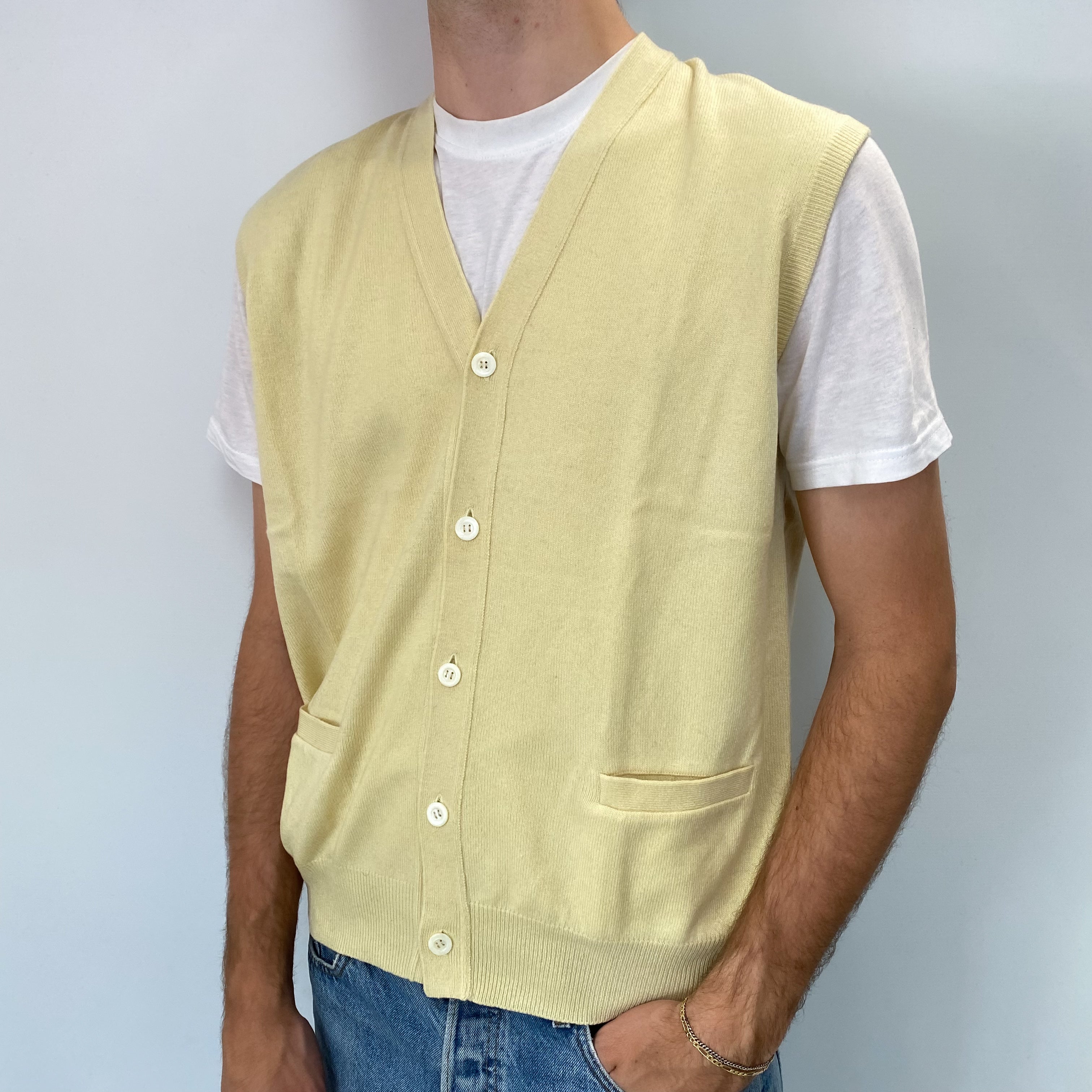 Men's Primrose Yellow Cashmere Sleeveless V Neck Cardigan Large