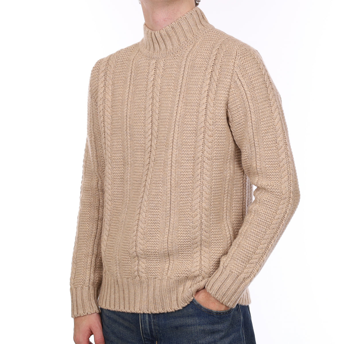 Men’s Brand New Scottish Biscuit Brown Extra Chunky Cable Cashmere Turtle Neck Jumper Medium