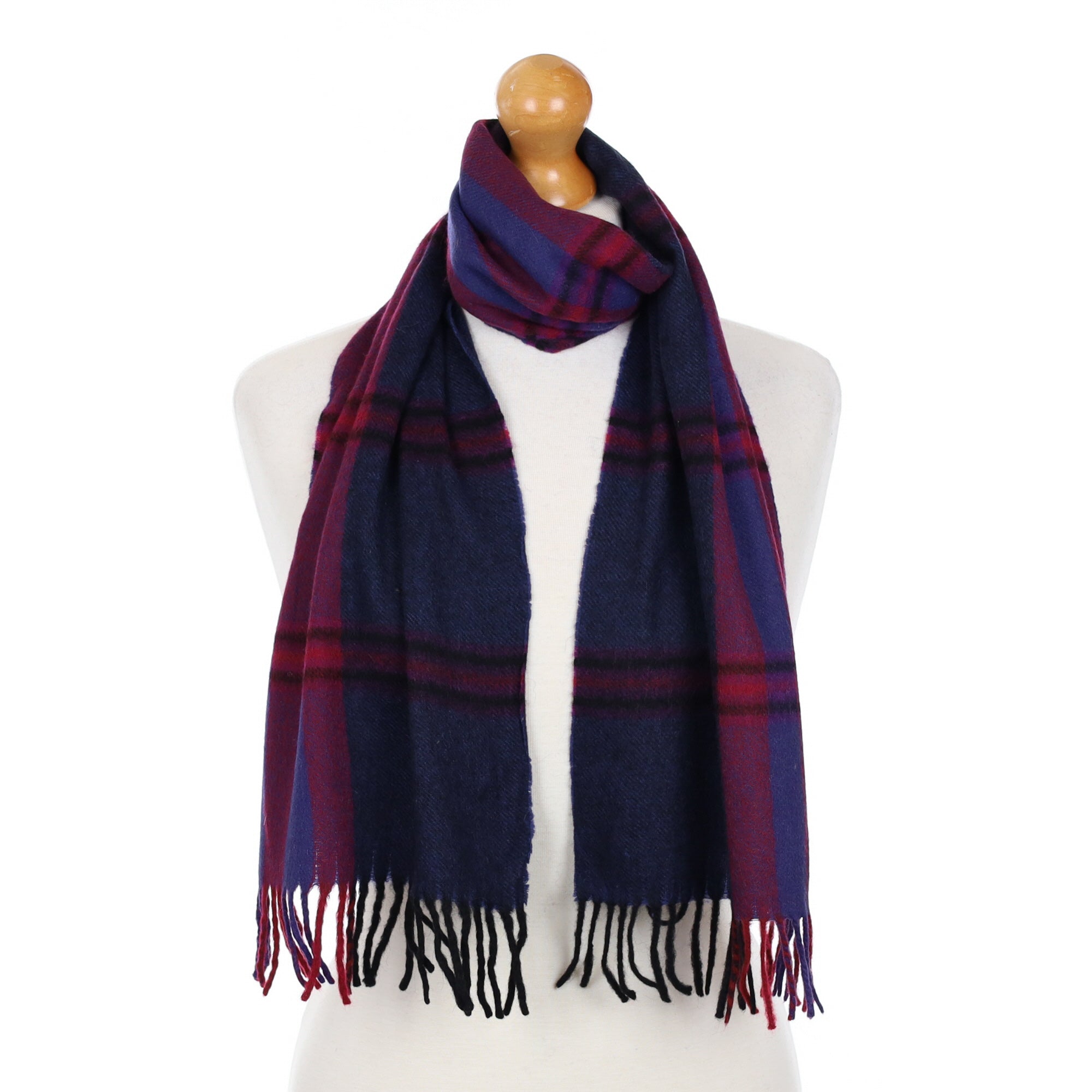 Navy and Magenta Checked Cashmere Fringed Woven Scarf