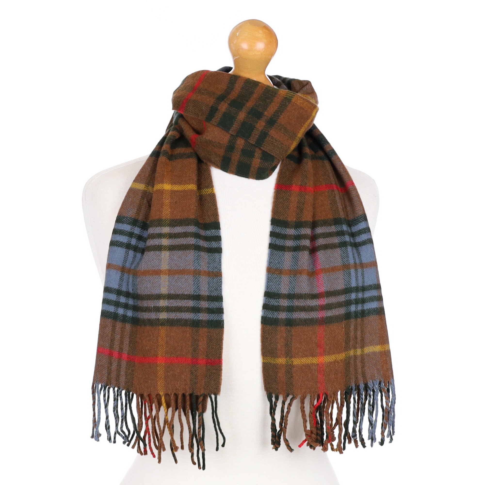 Chestnut Brown Checked Cashmere Fringed Woven Scarf