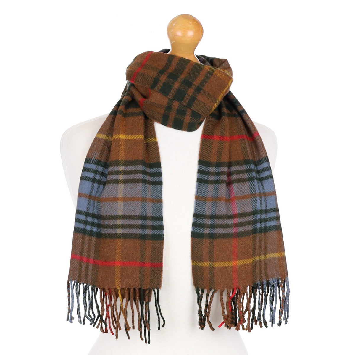 Chestnut Brown Checked Cashmere Fringed Woven Scarf