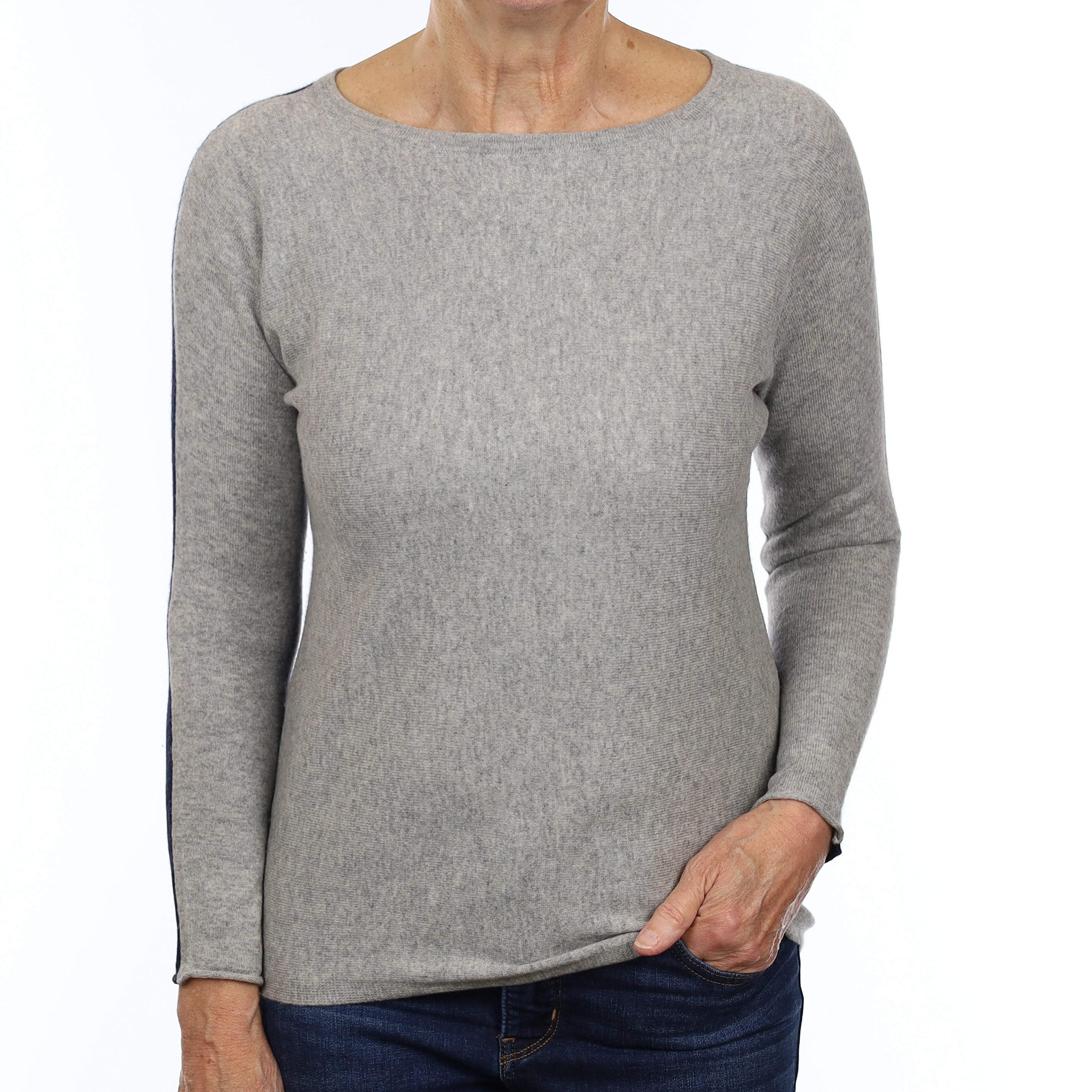 Steel Grey and Navy Cashmere Batwing Crew Neck Jumper Medium