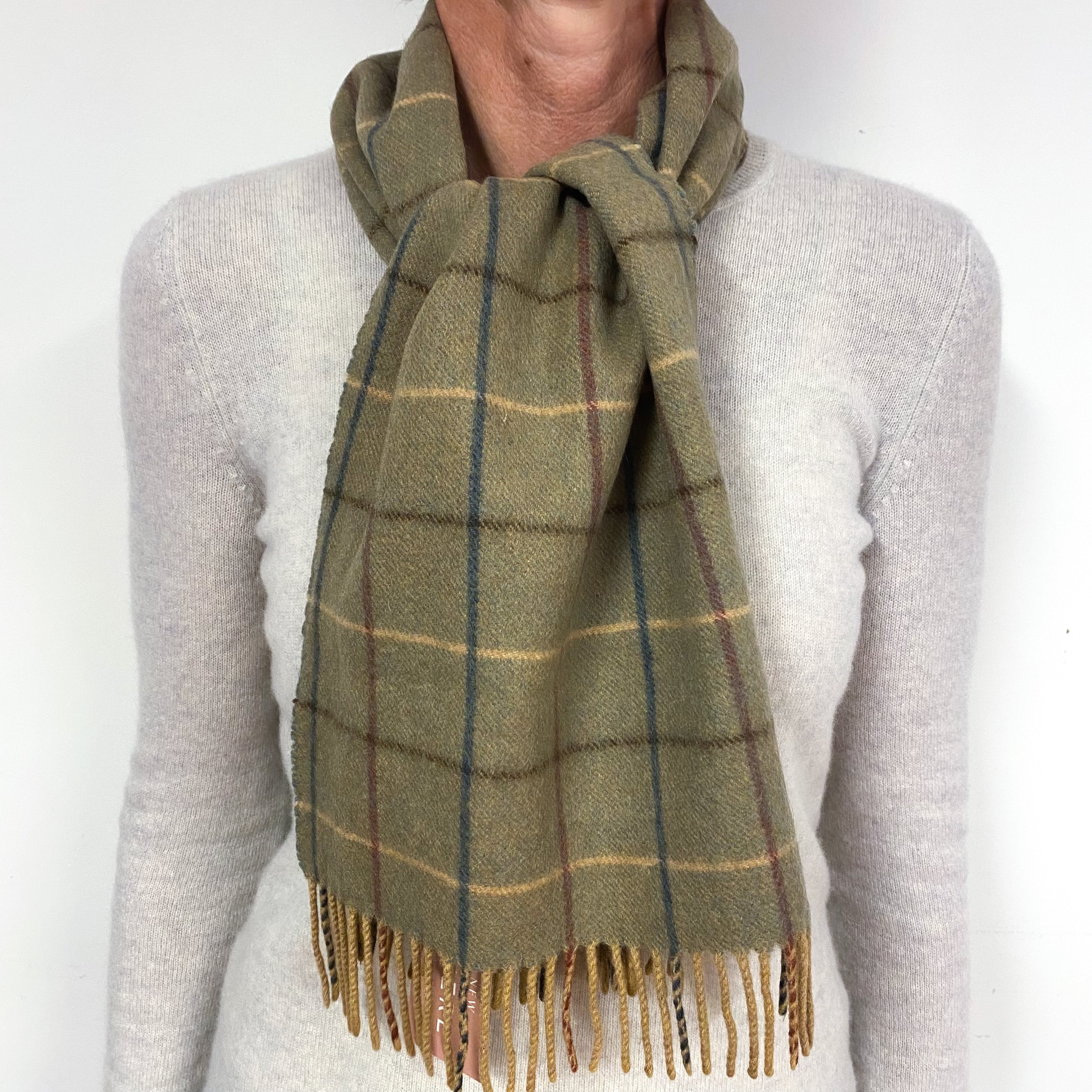 Sage Tartan Fringed Cashmere Woven Scarf