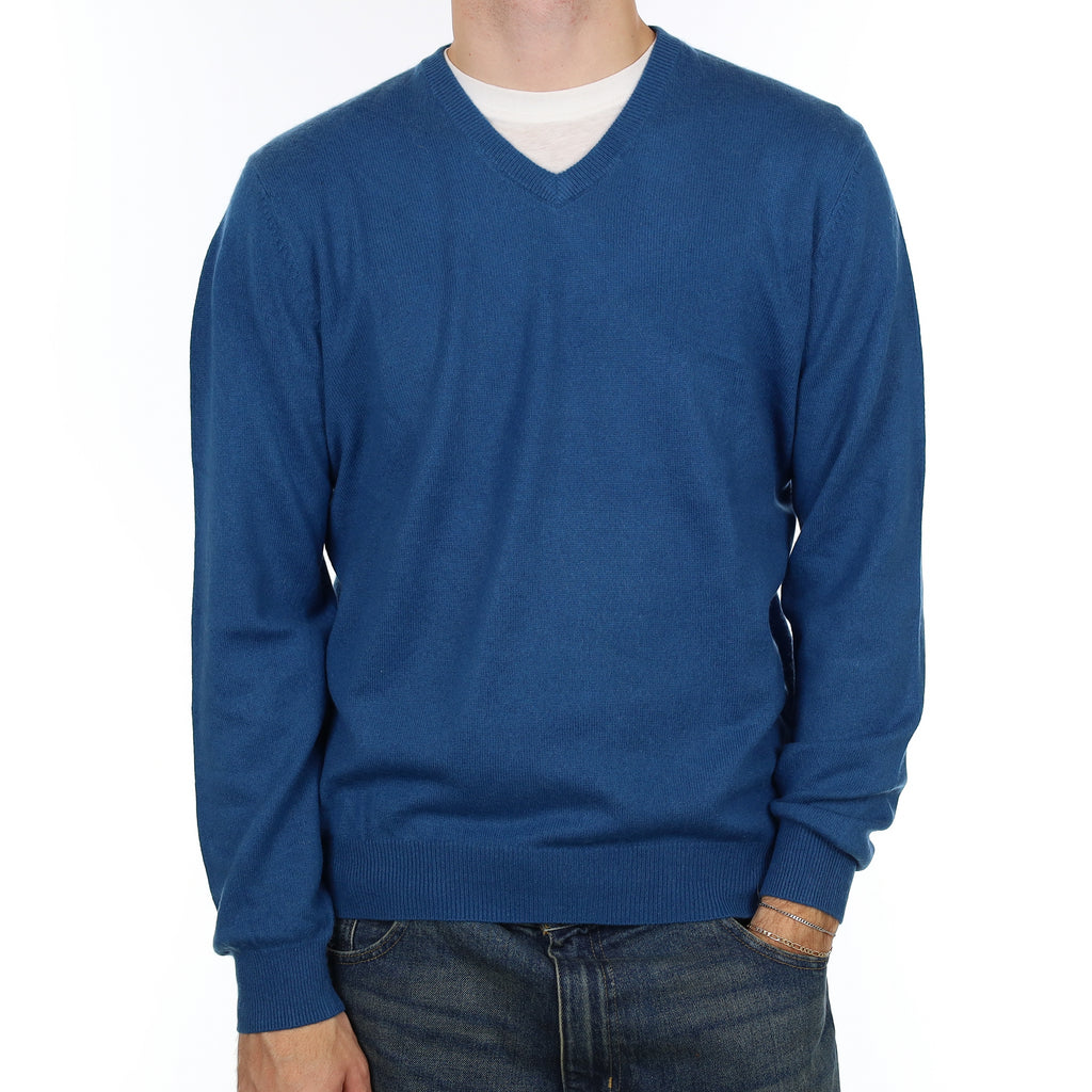 Men’s Peacock Blue Cashmere V Neck Jumper Large