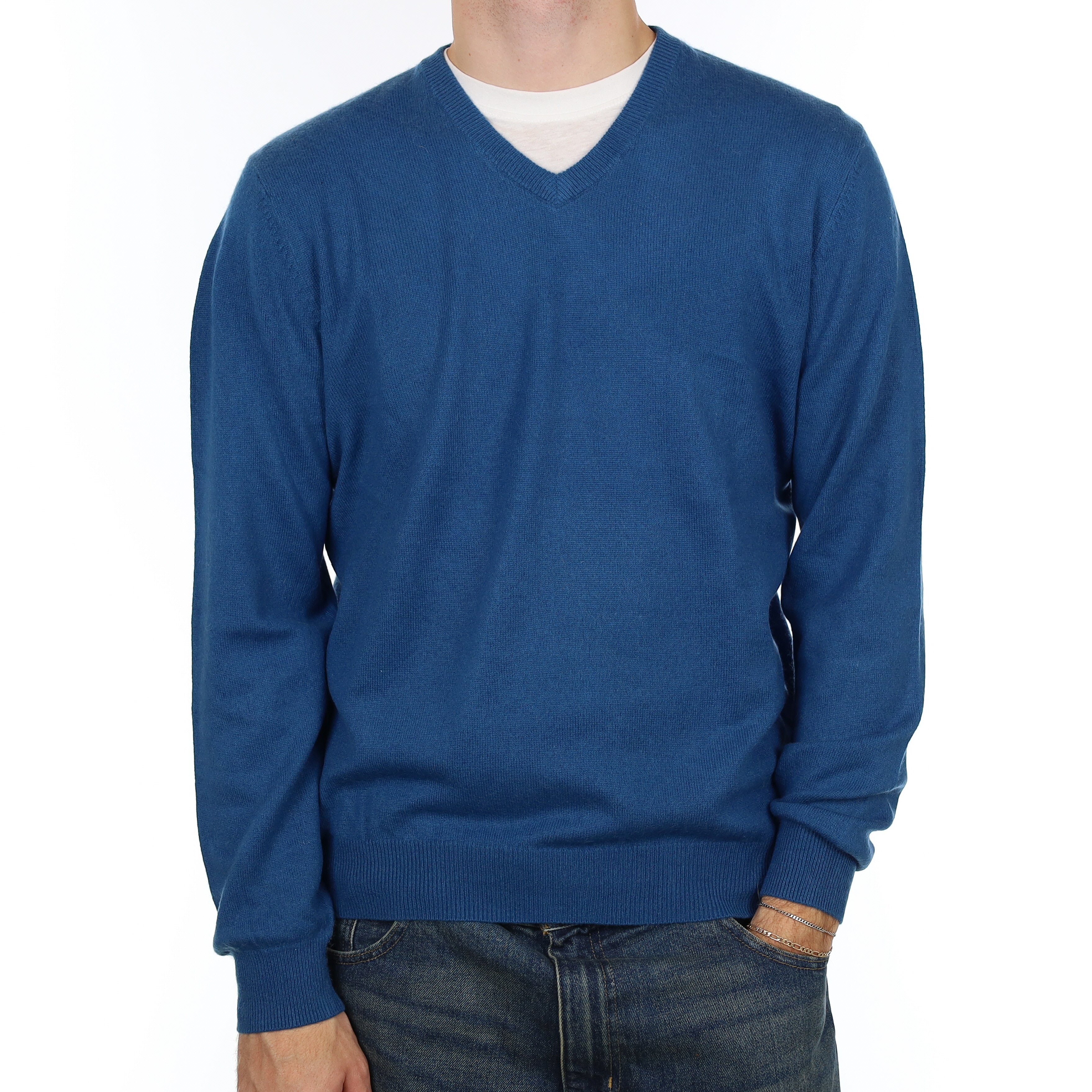 Men’s Peacock Blue Cashmere V Neck Jumper Large