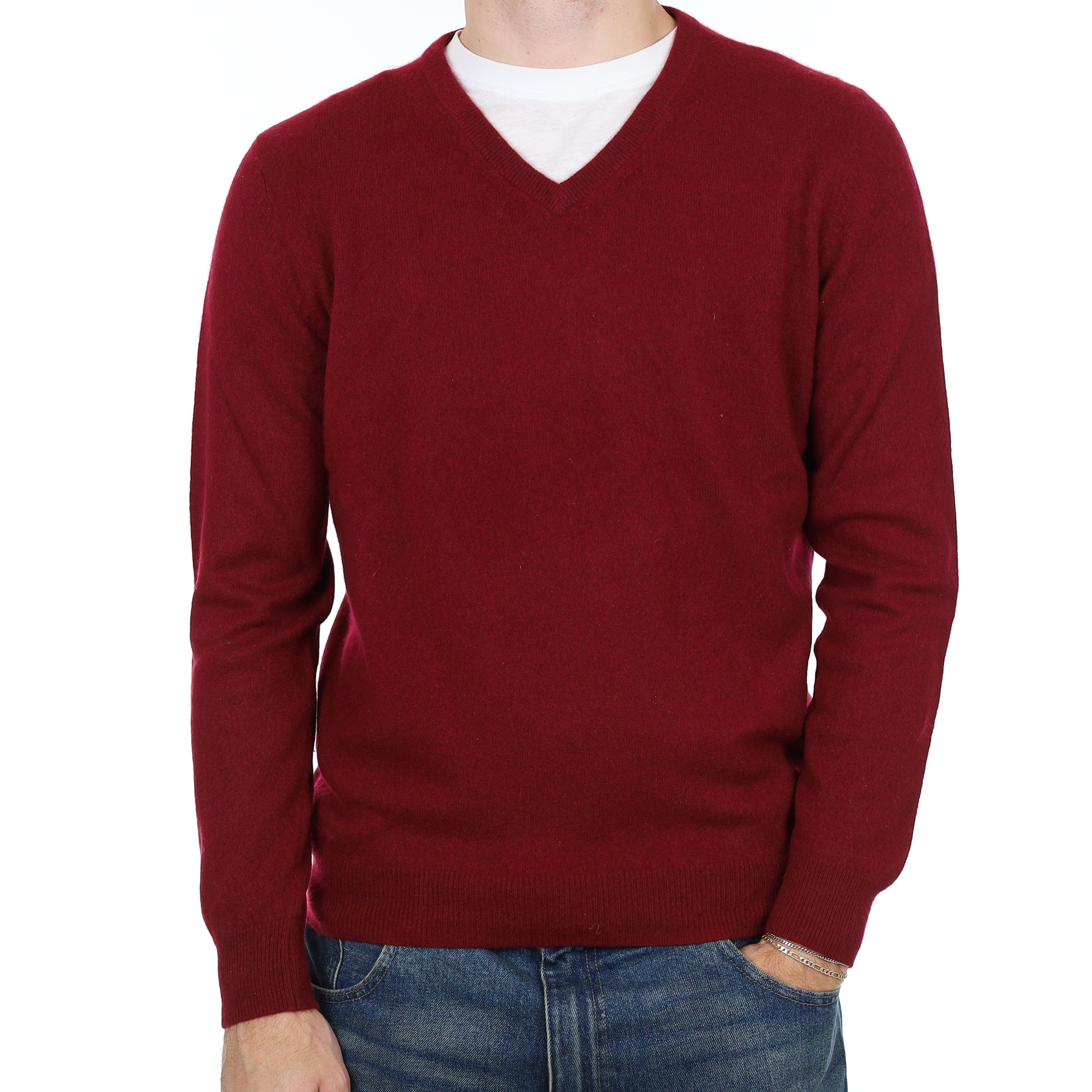 Men’s Burgundy Red Cashmere V Neck Jumper Large
