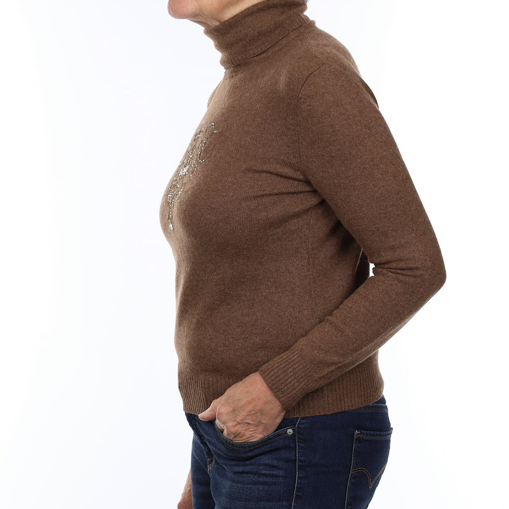 Pecan Brown Diamanté Design Cashmere Polo Neck Jumper Medium