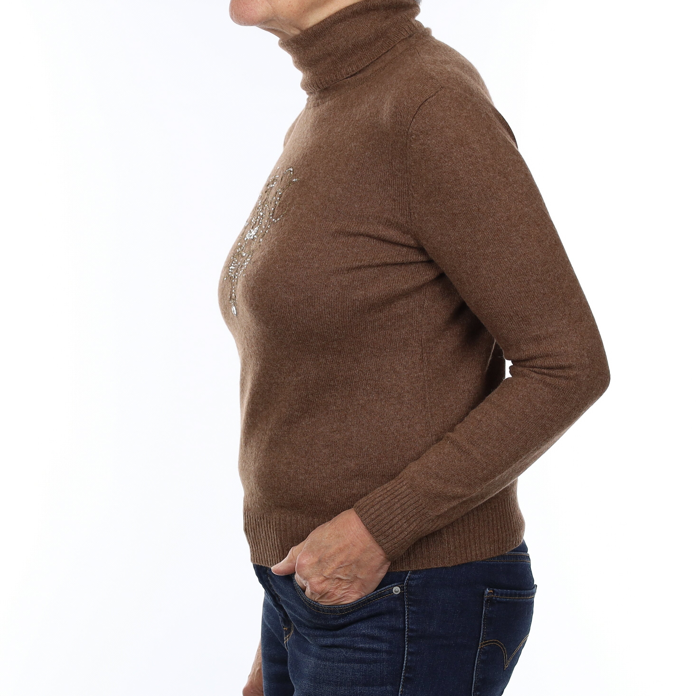 Pecan Brown Diamanté Design Cashmere Polo Neck Jumper Medium