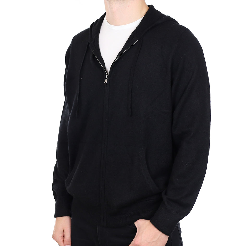 Men’s Black Cashmere Zip Up Hoodie Jumper with Pockets XXL