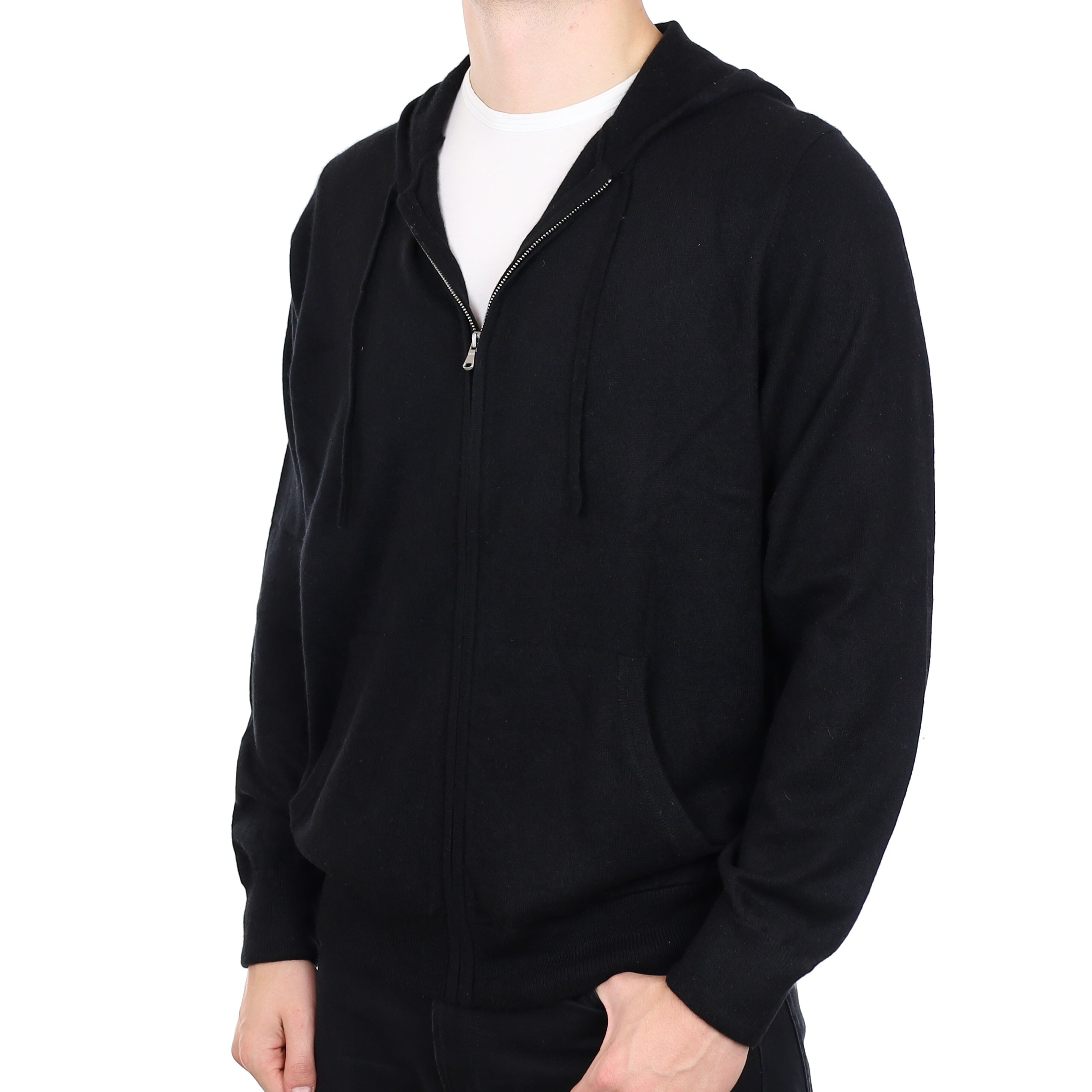 Men’s Black Cashmere Zip Up Hoodie Jumper with Pockets XXL