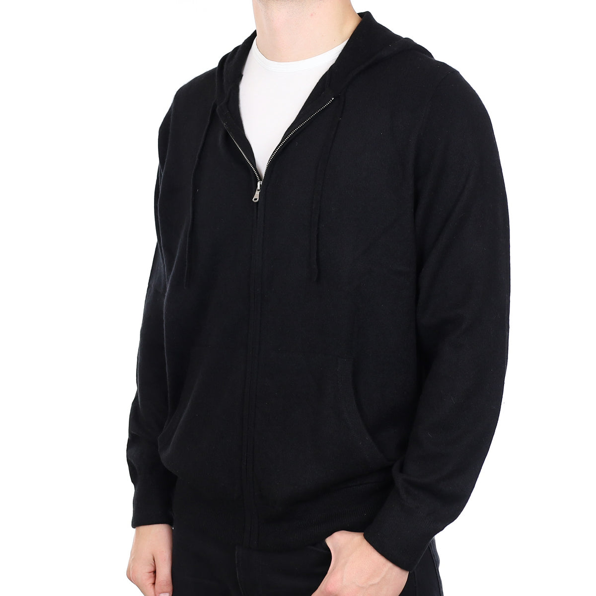 Men’s Black Cashmere Zip Up Hoodie Jumper with Pockets XXL
