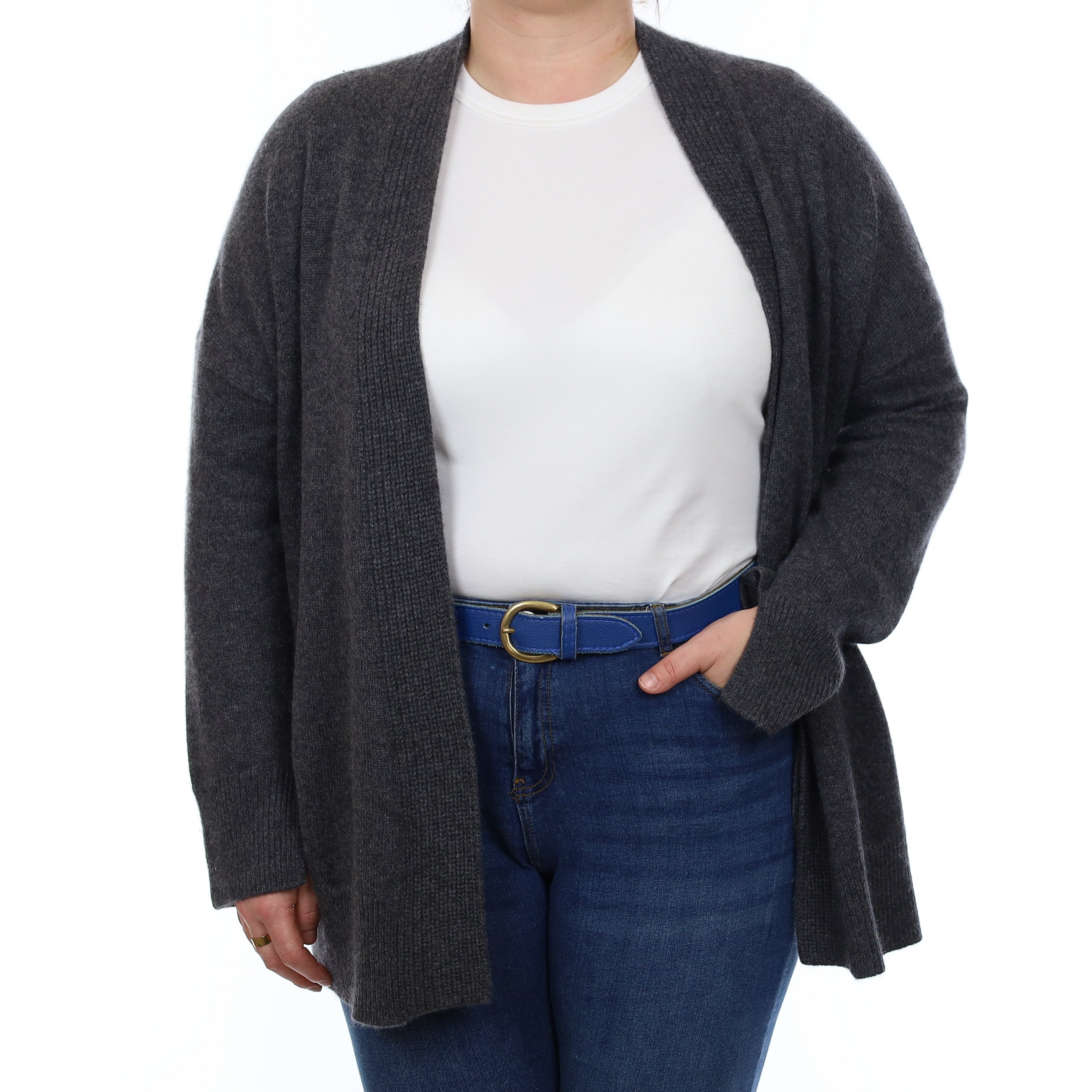Slate Grey Heavy Knit Cashmere Slouchy Edge to Edge Cardigan Large
