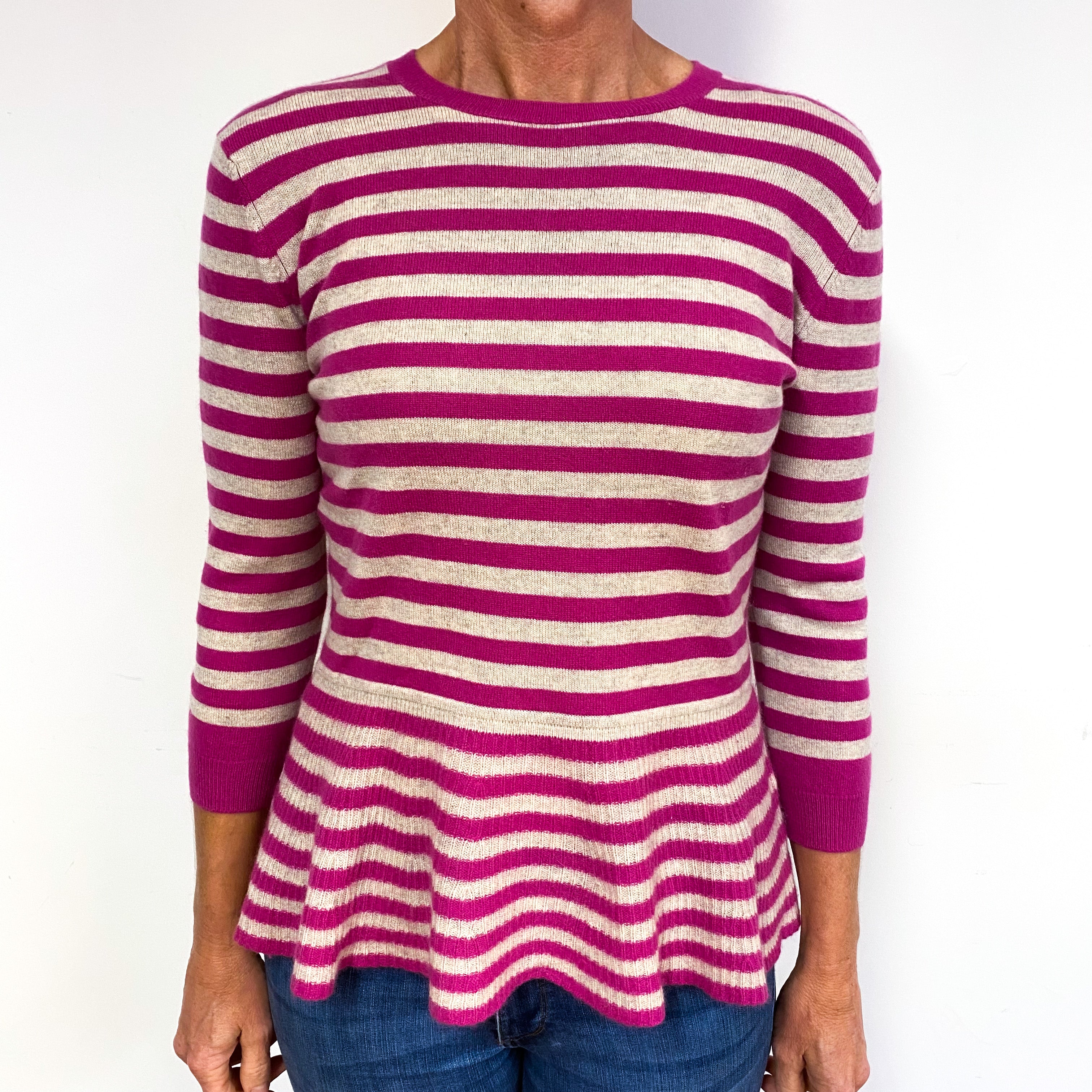 Pink and Cream Stripes Peplum Hem Cashmere Crew Neck Jumper Medium