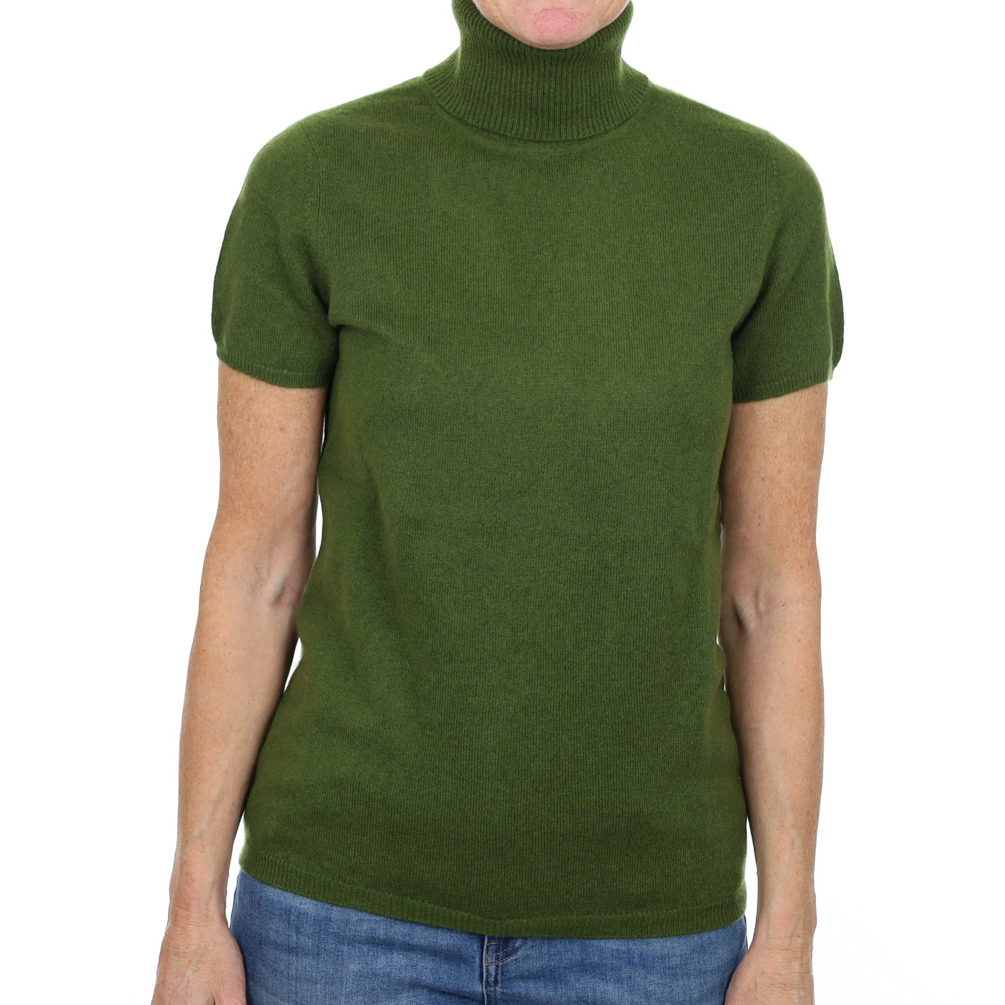 Pine Green Cashmere Polo Neck Short Sleeved  Jumper Small