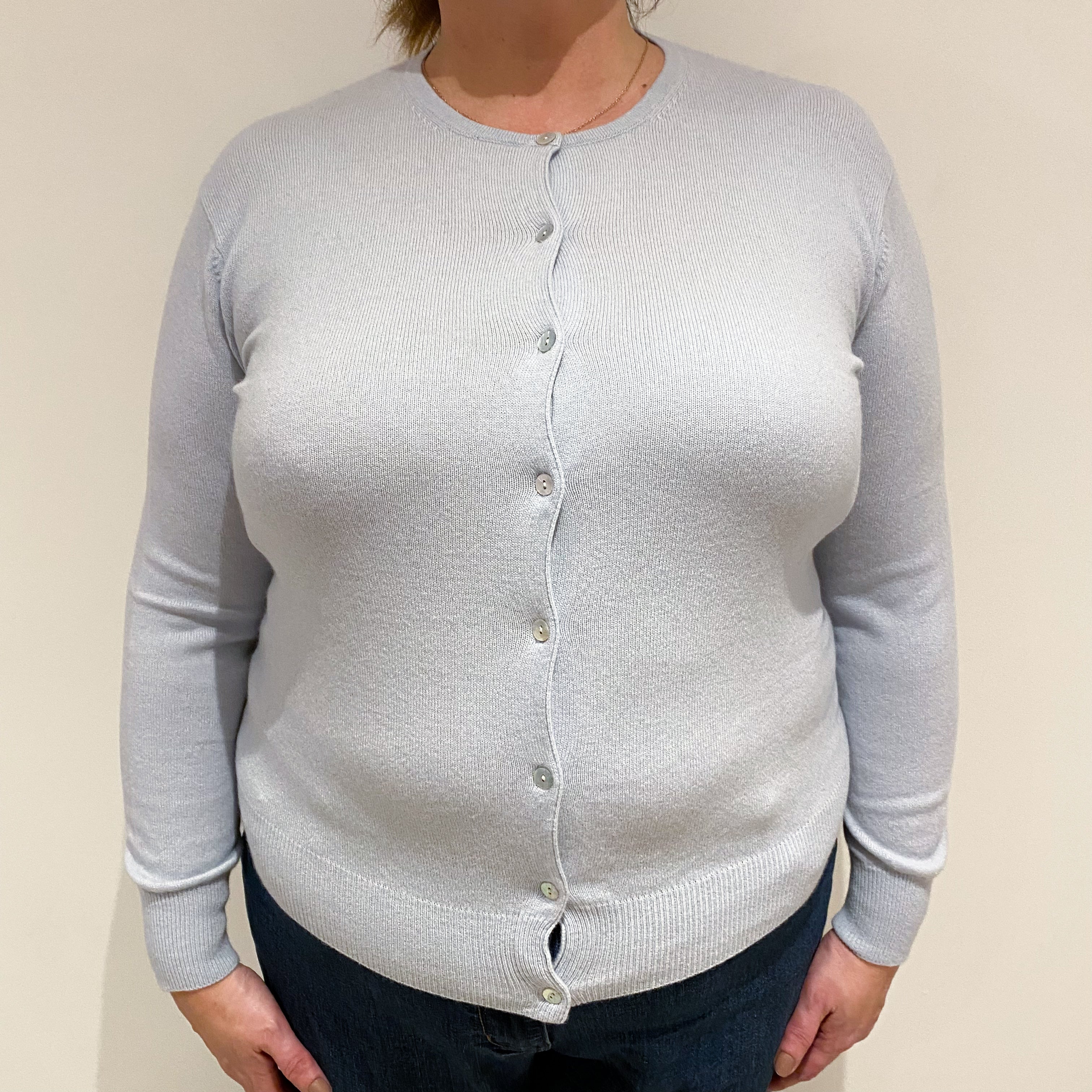 Ice Blue Crew Neck Cashmere Cardigan Extra Large