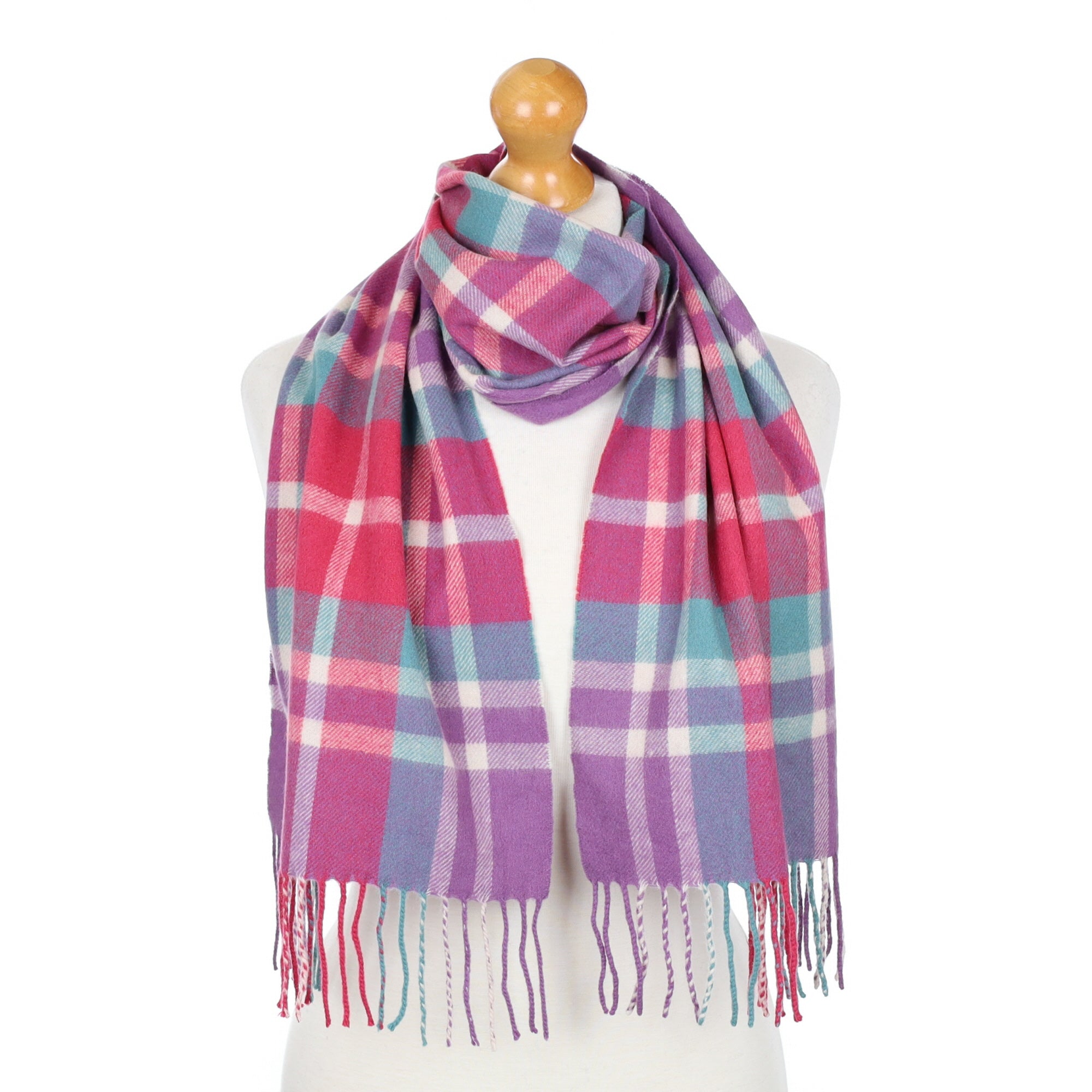 Pink and Green Checked Fringed Cashmere Woven Scarf