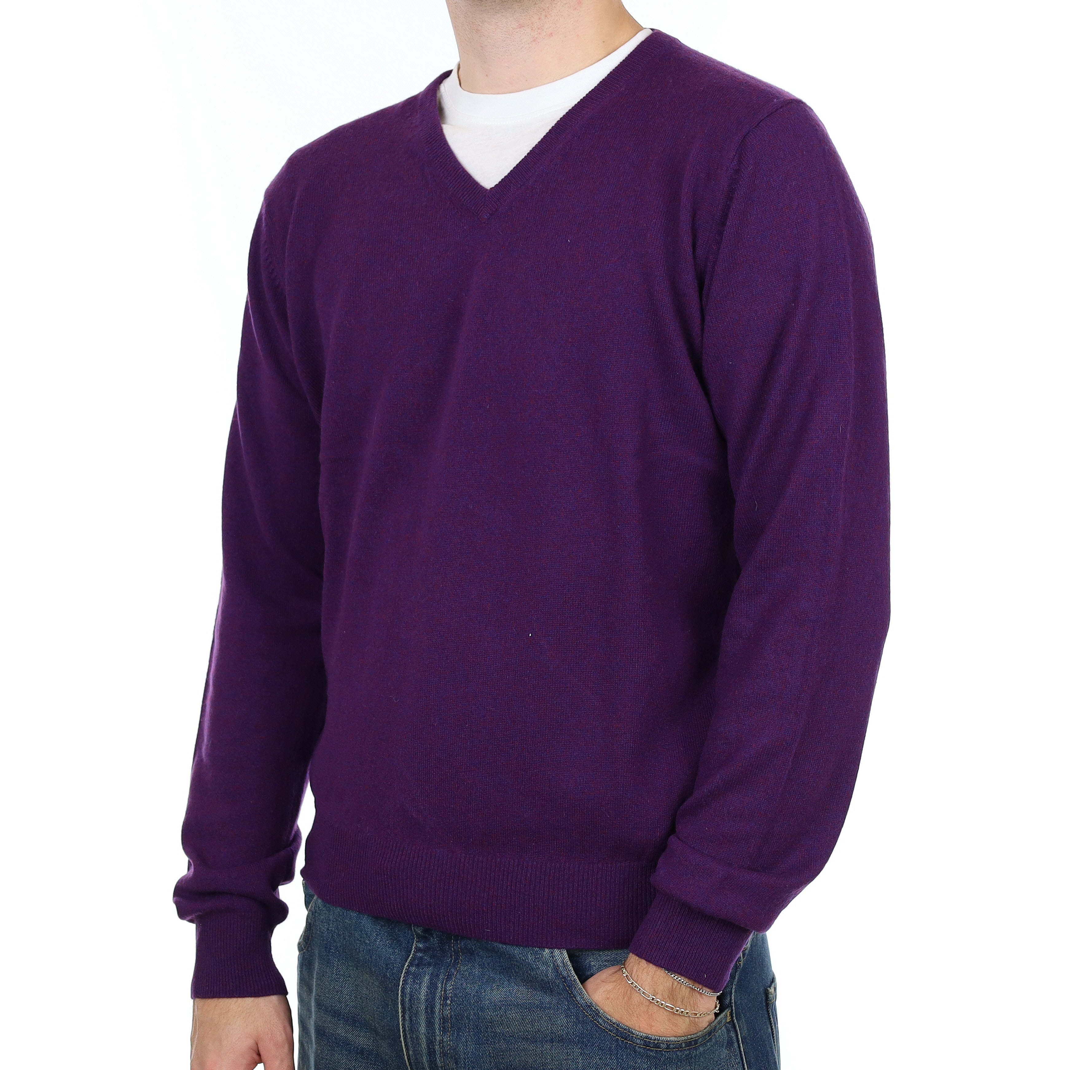 Men’s Purple Marl Cashmere V Neck Jumper Large