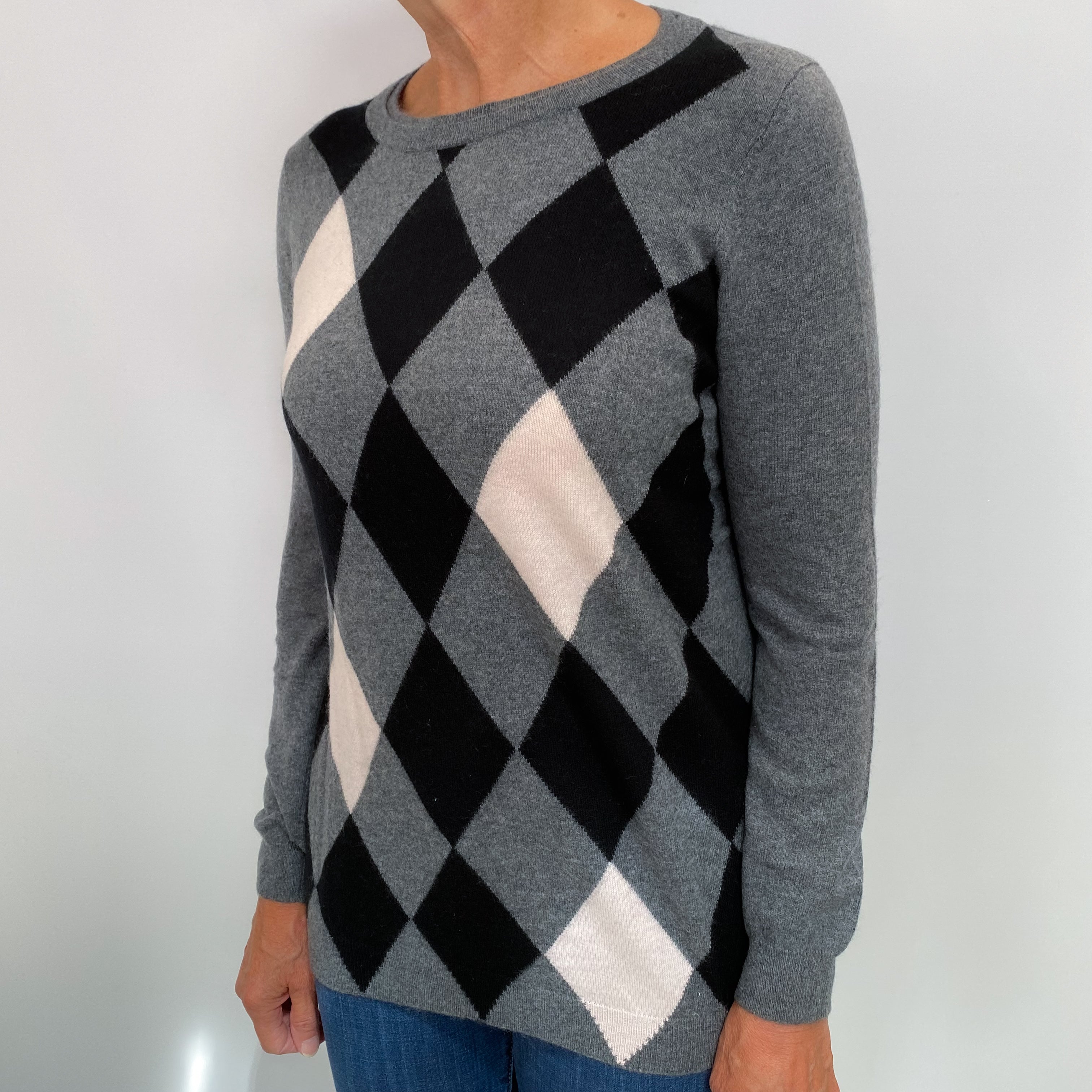 Grey and Black Diamond Cashmere Crew Neck Jumper Medium