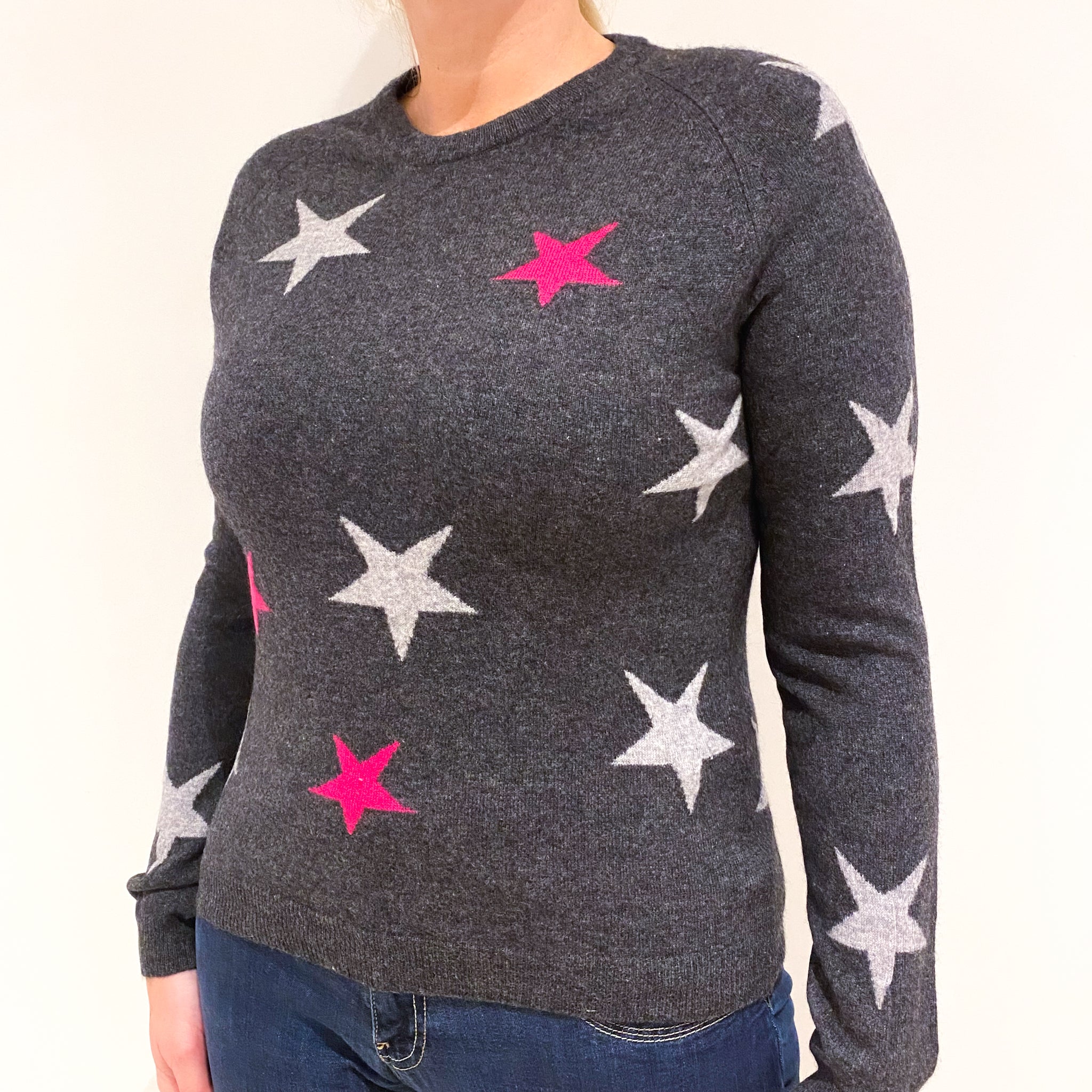 Charcoal Grey Star Patterned Cashmere Crew Neck Jumper Large