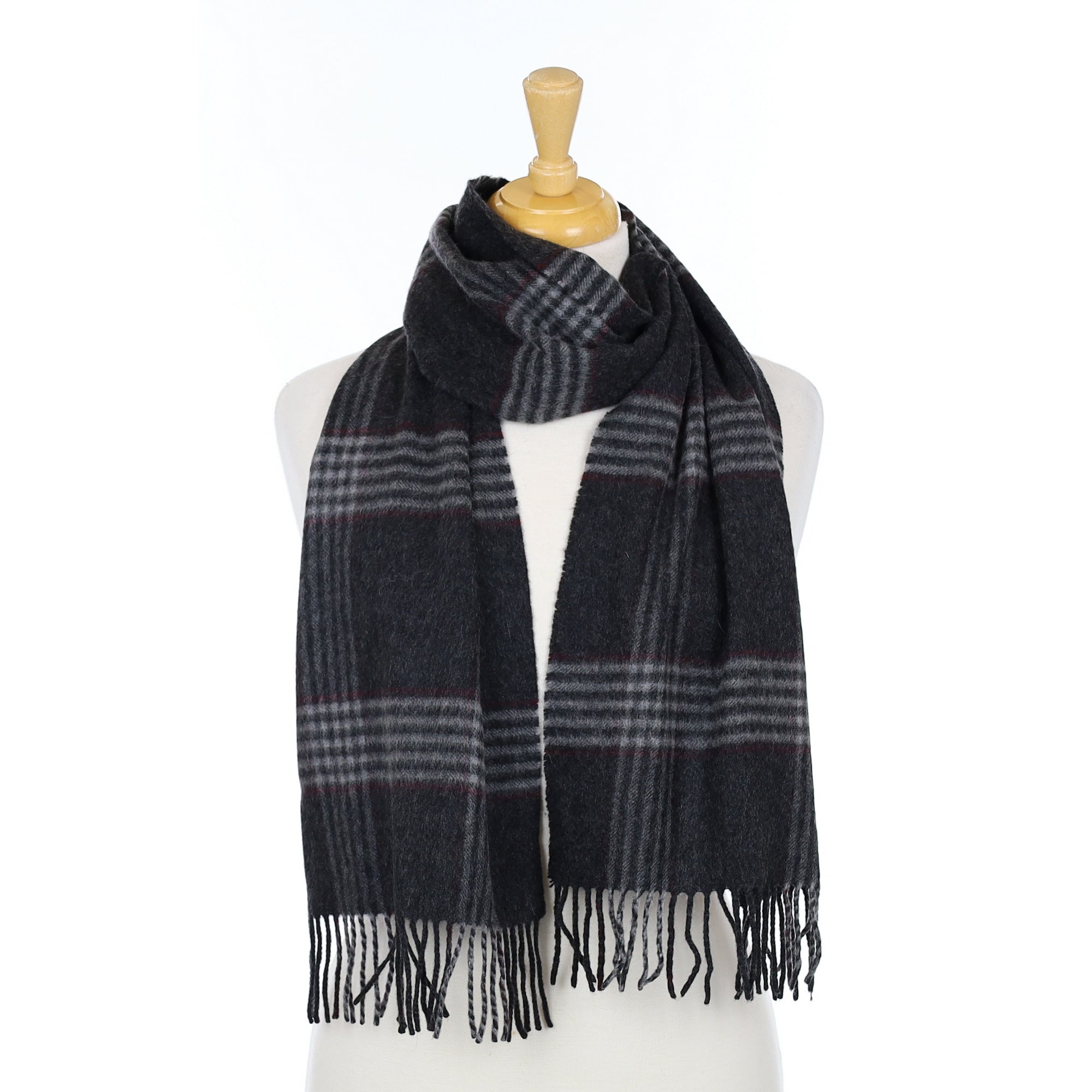 Charcoal Grey and Wine Cashmere Woven Scarf