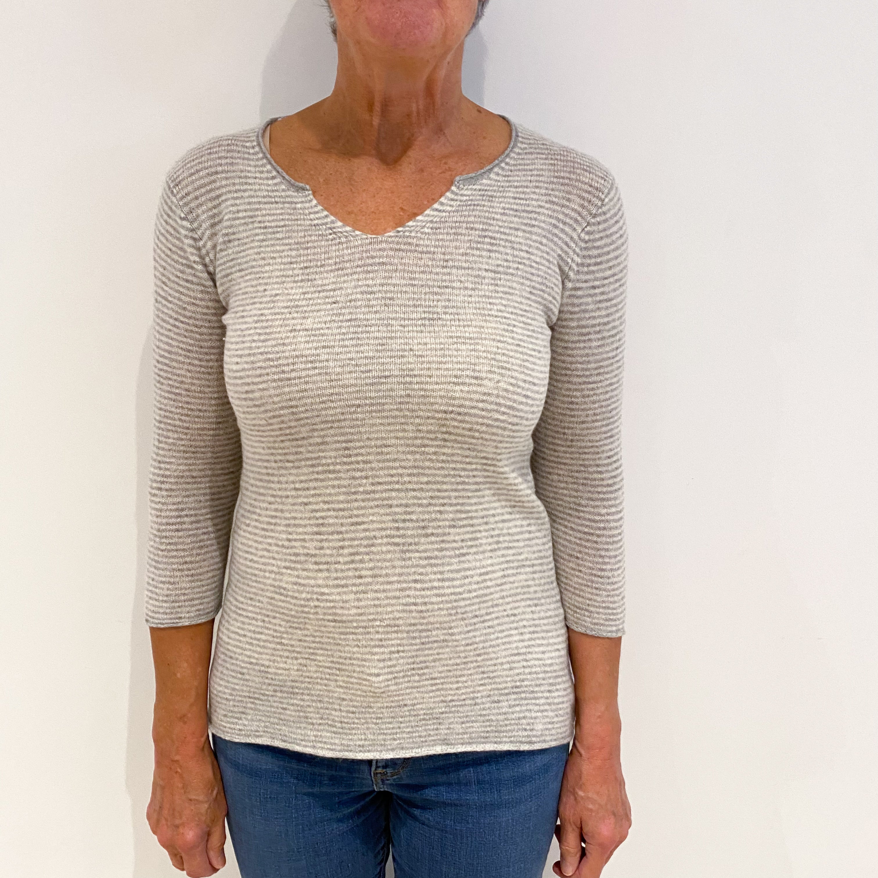 Mist Grey Stripe Cashmere V-Neck Jumper Medium