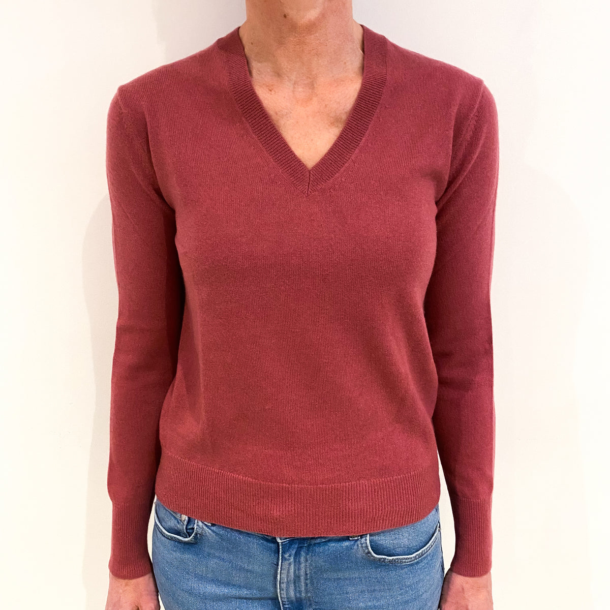 Old Rose Pink Cashmere V Neck Jumper Small