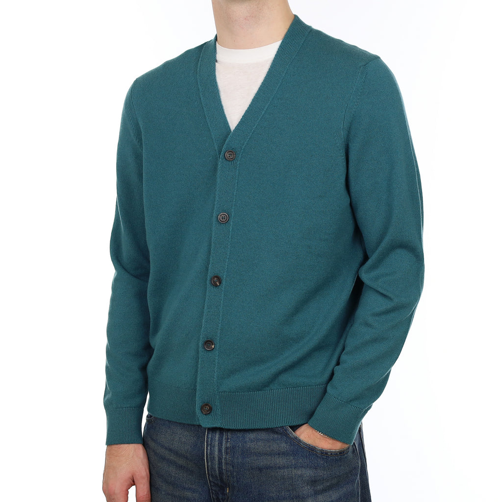 Men’s Brand New Scottish Ocean Green Cashmere V Neck Cardigan Medium