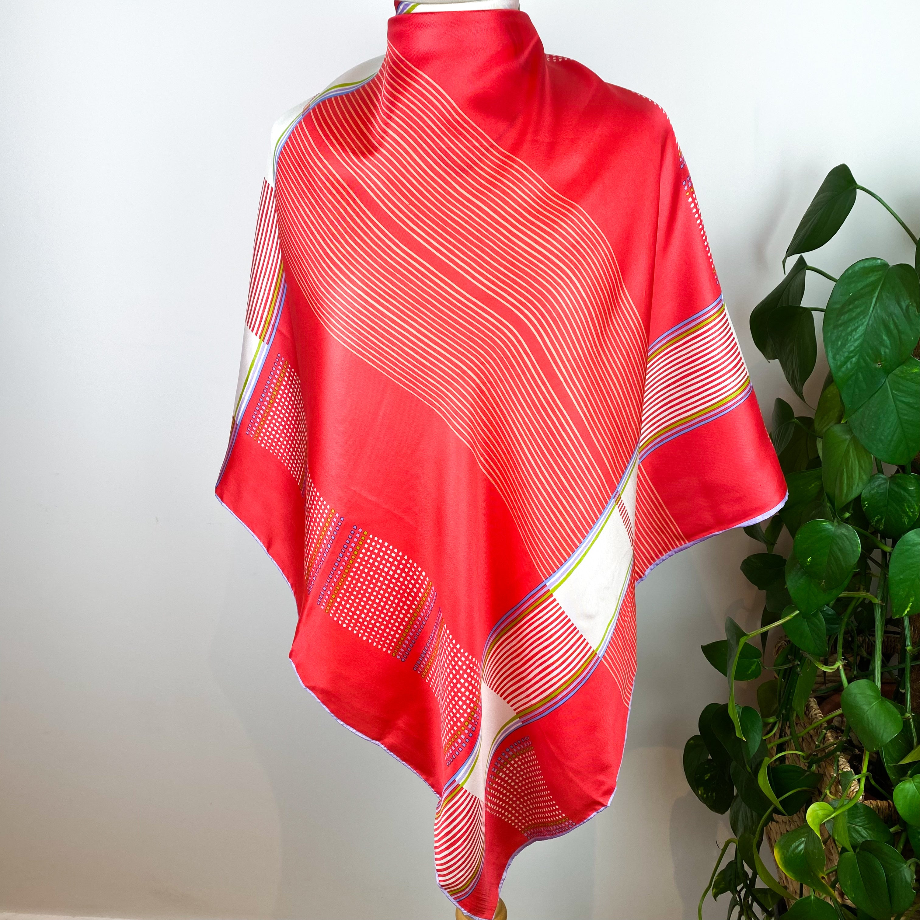 Coral Geometric Design Silk Scarf