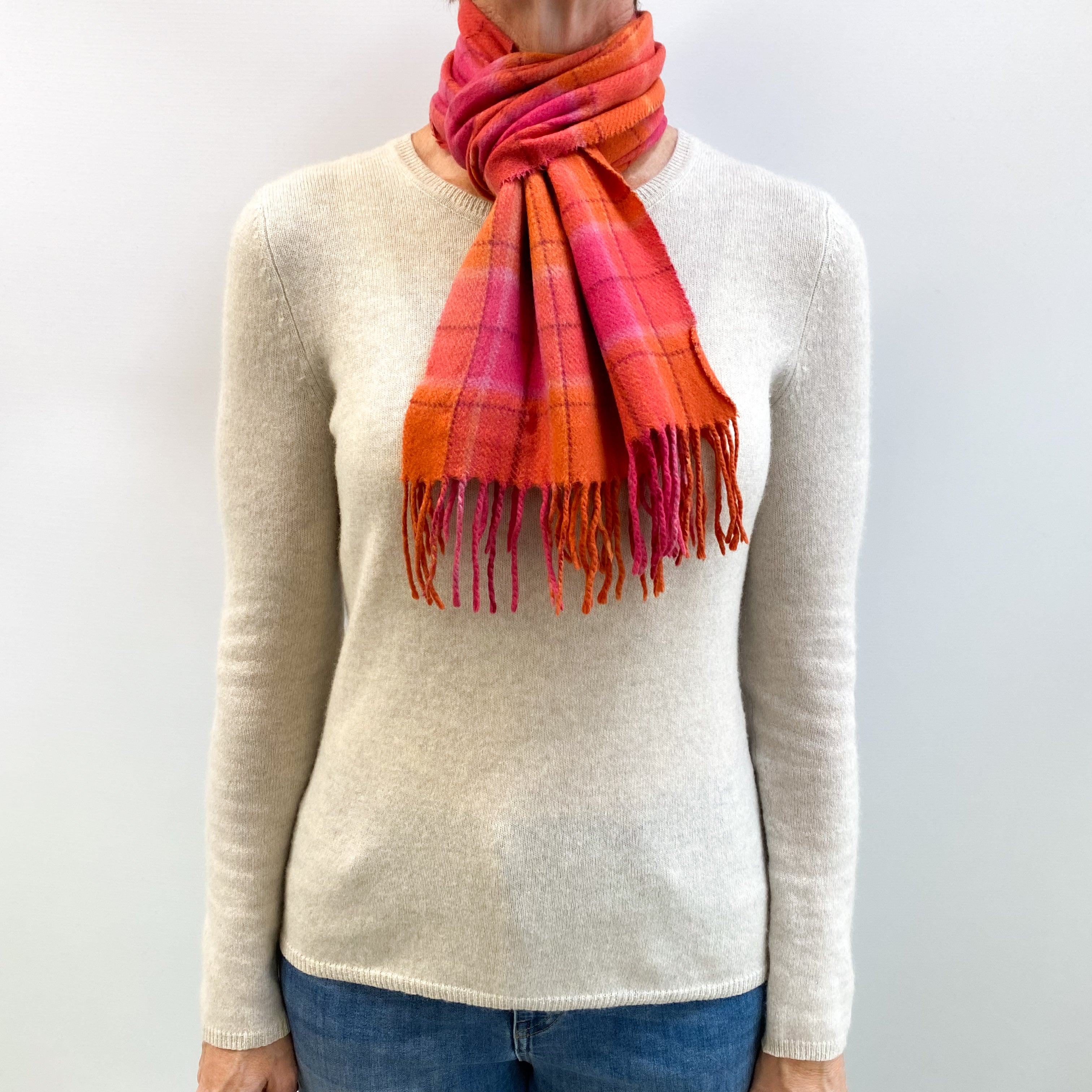 Orange and Pink Fringed Checked Cashmere Woven Scarf