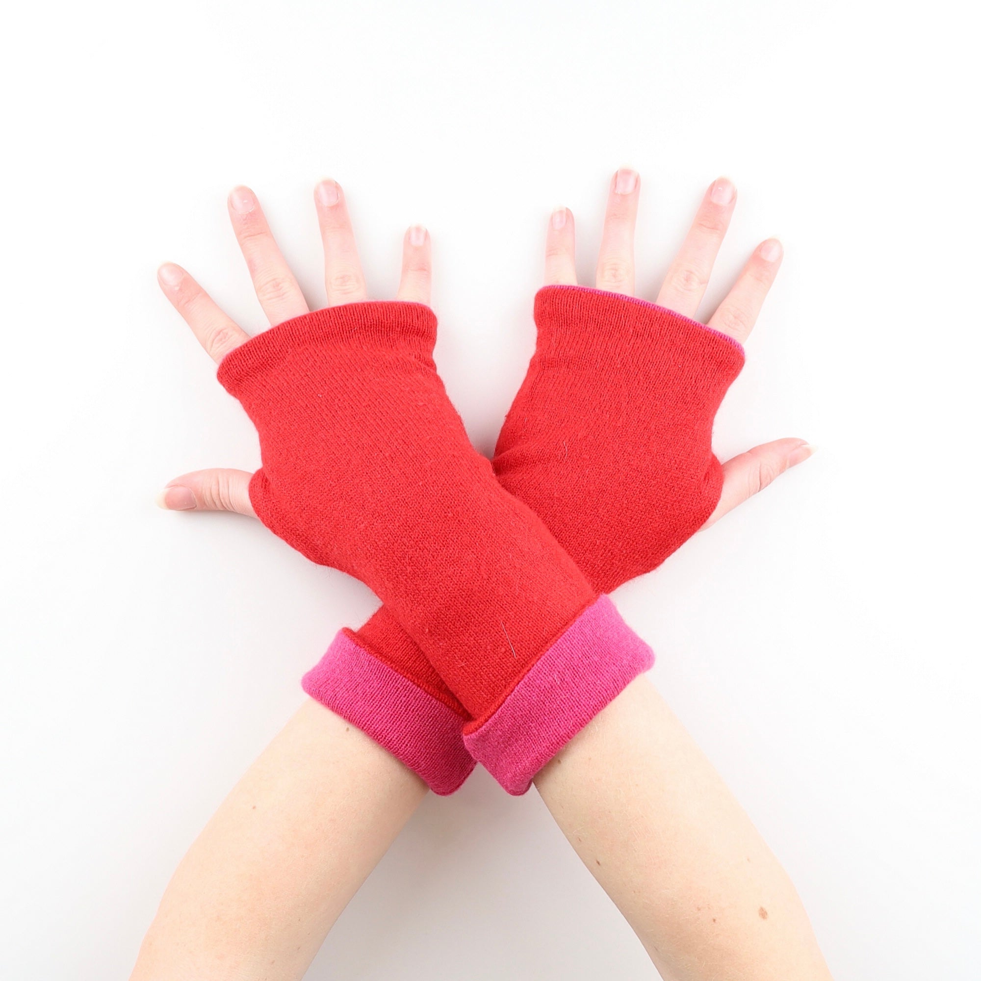 Post Box Red and Cherry Pink Reversible Cashmere Fingerless Gloves