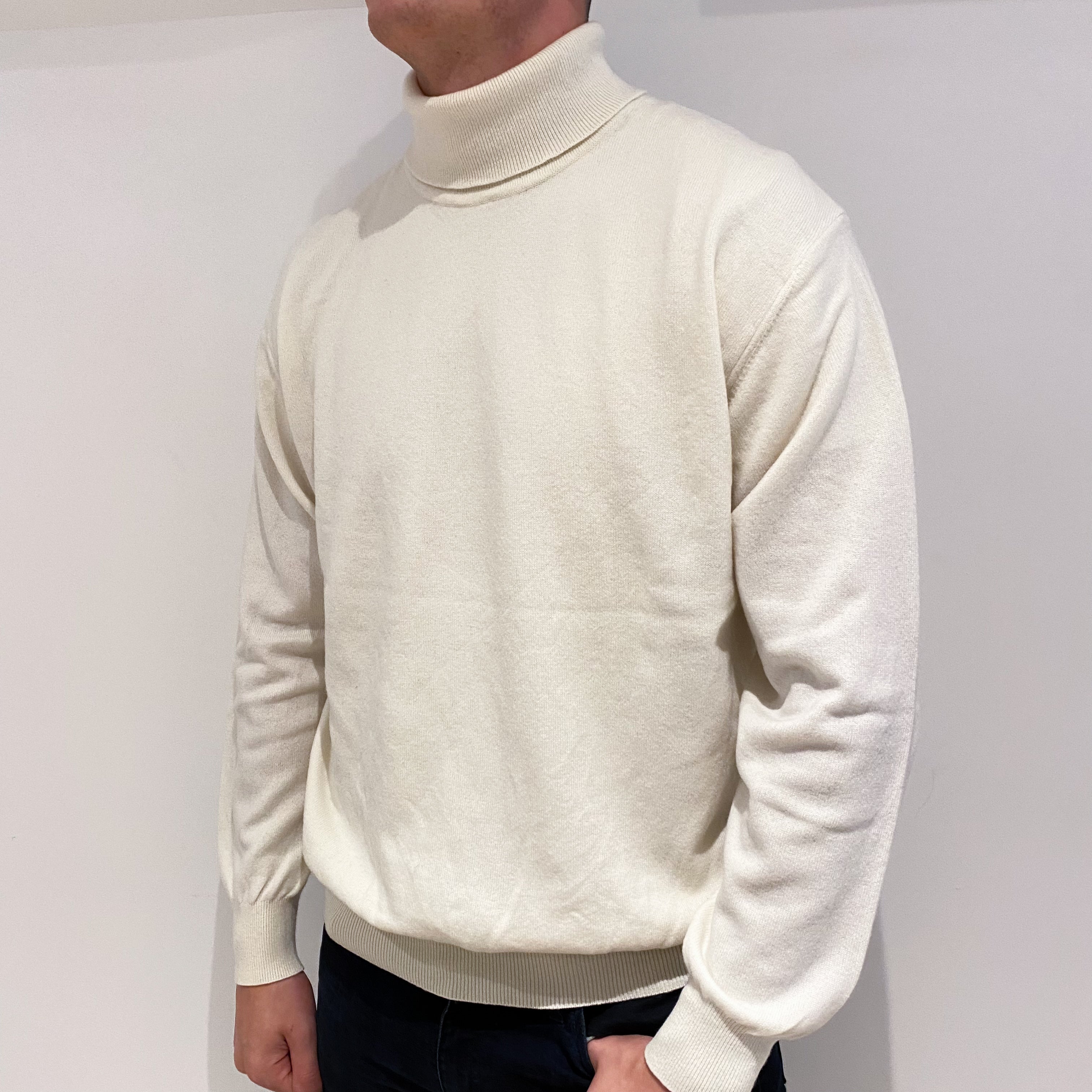 Men's Vanilla Cream Cashmere Polo Neck Jumper Extra Extra Large