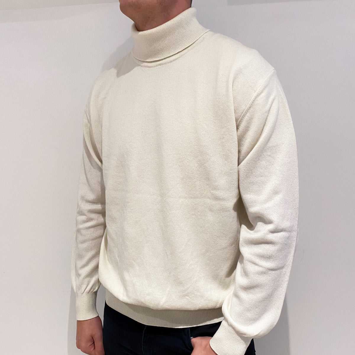 Men's Vanilla Cream Cashmere Polo Neck Jumper Extra Extra Large