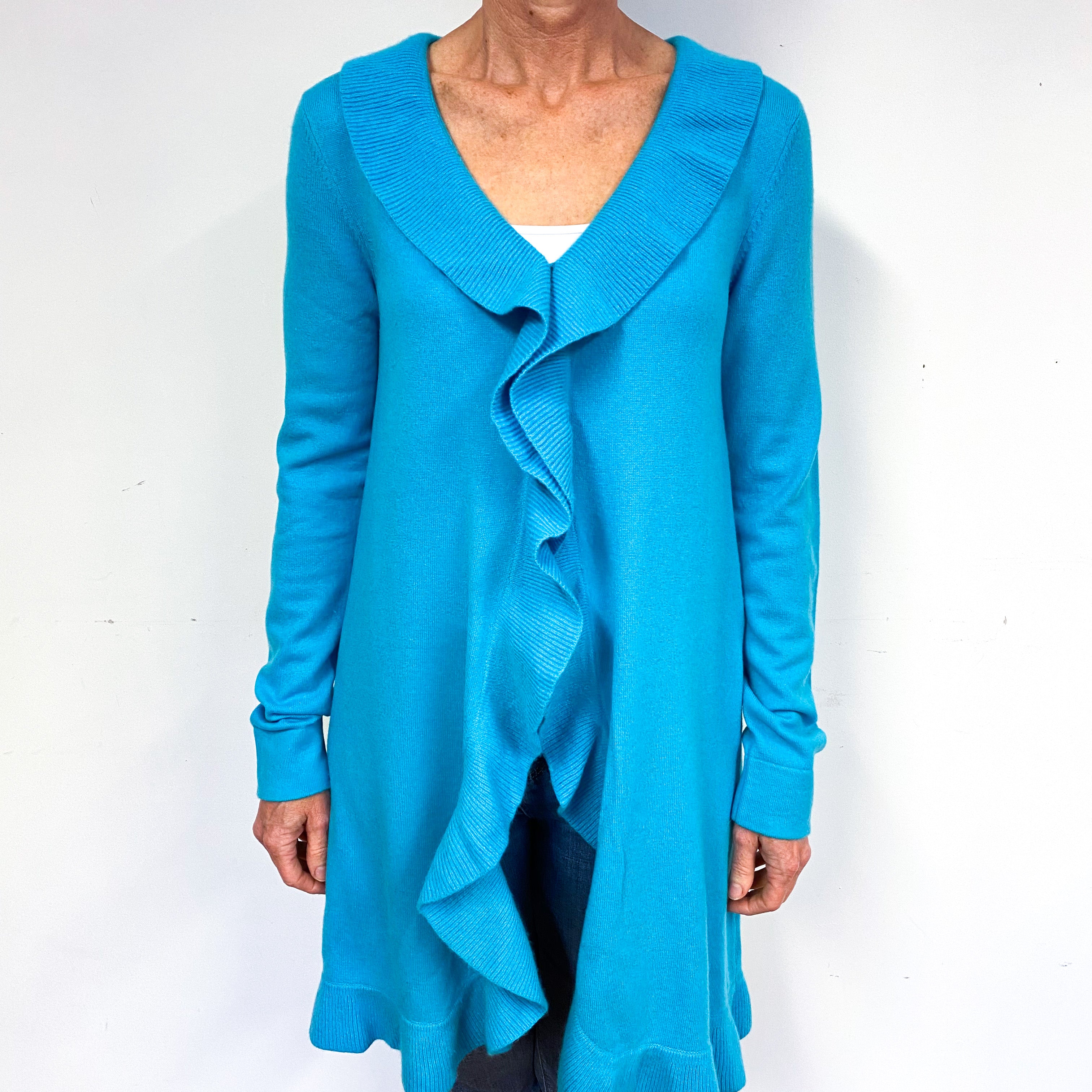 Turquoise Green Cashmere Ruffle Trim Cardigan Medium