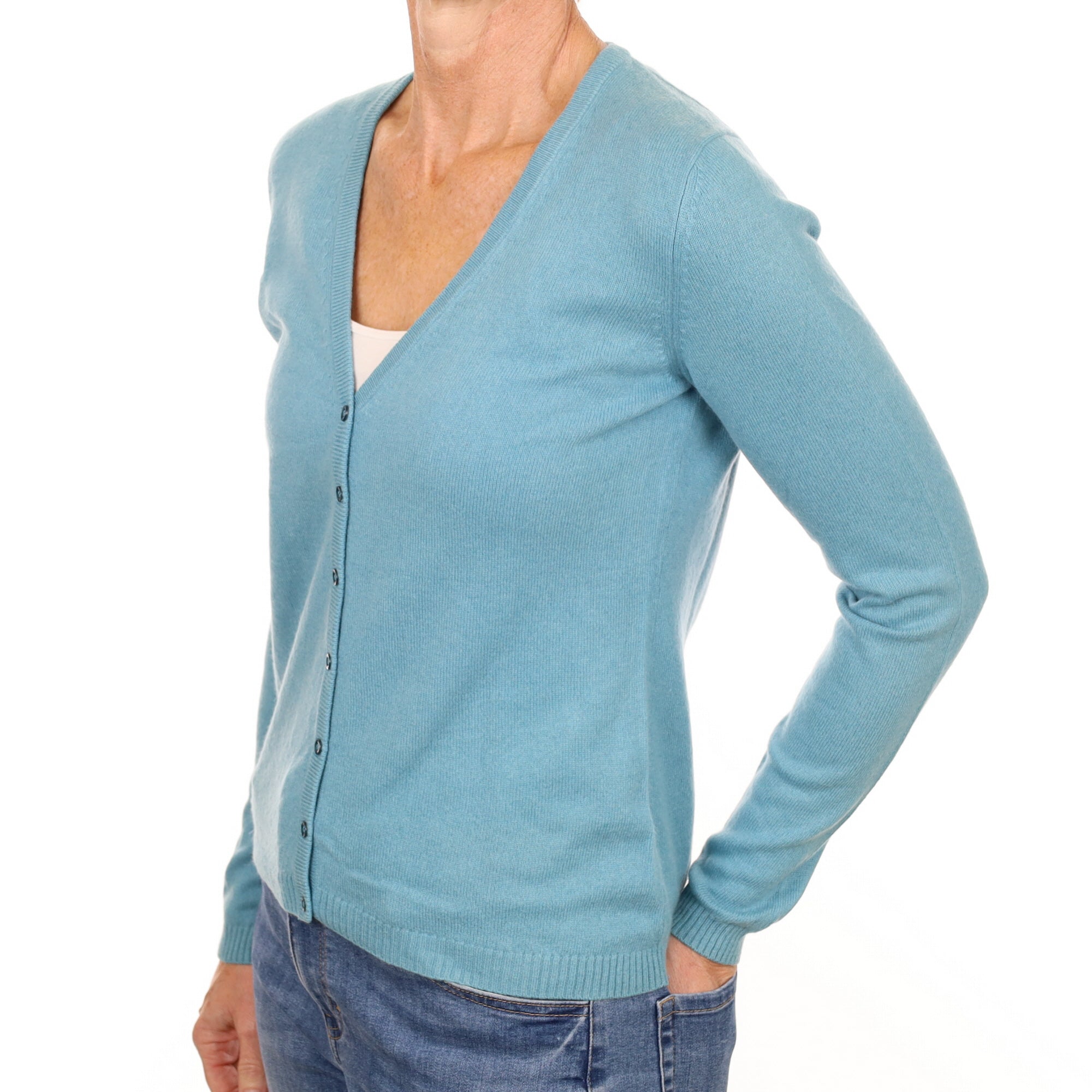 Muted Aqua Blue Cashmere V Neck Cardigan Small