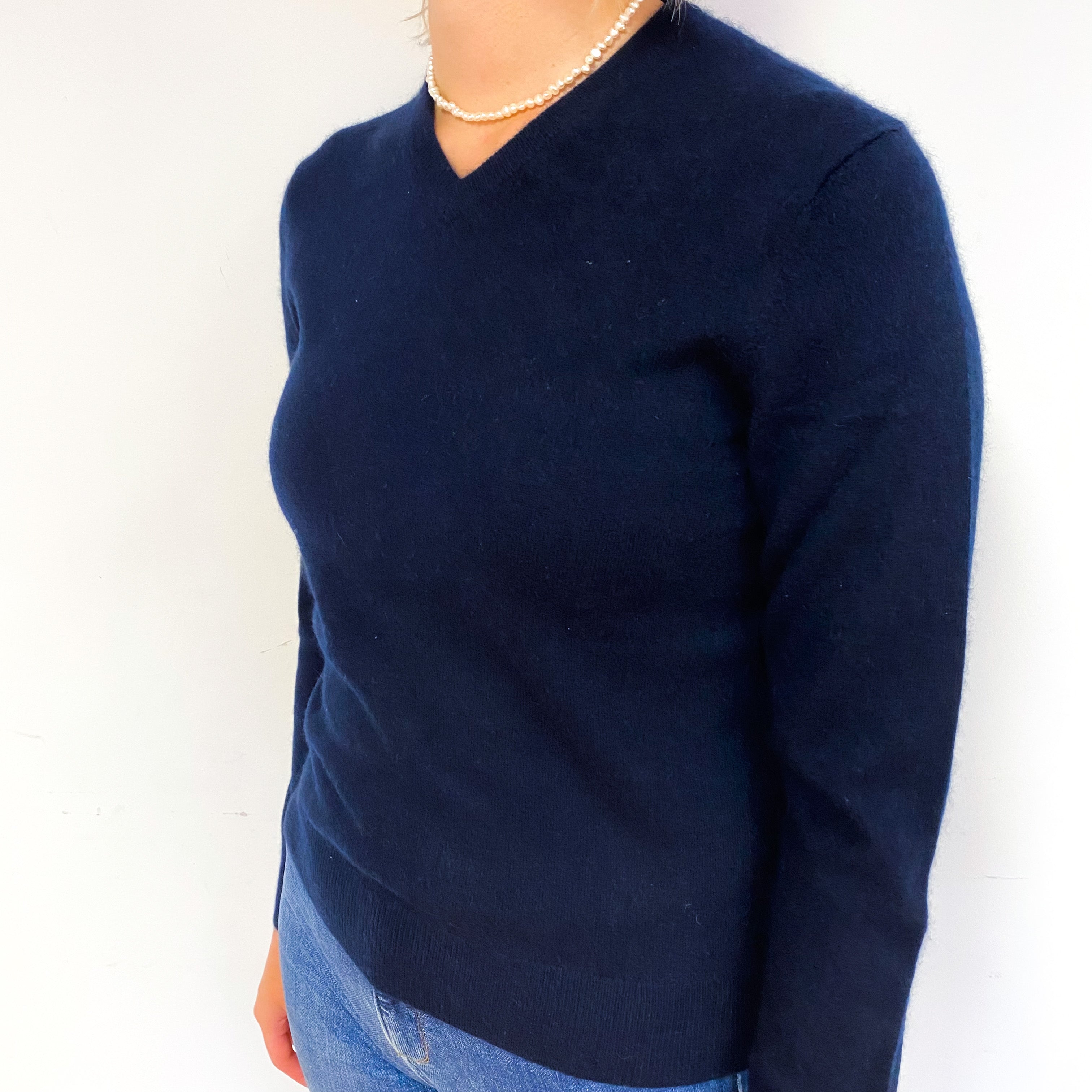 Dark Navy Blue Cashmere V-Neck Jumper Small