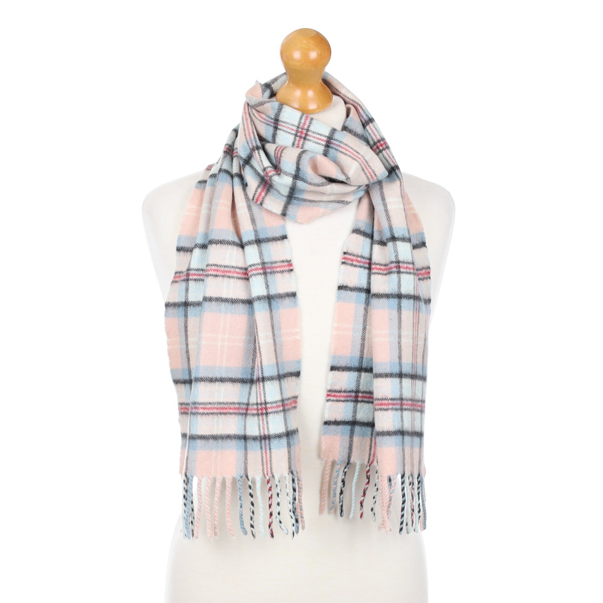 Pale Pink and Blue Checked Fringed Cashmere Woven Scarf