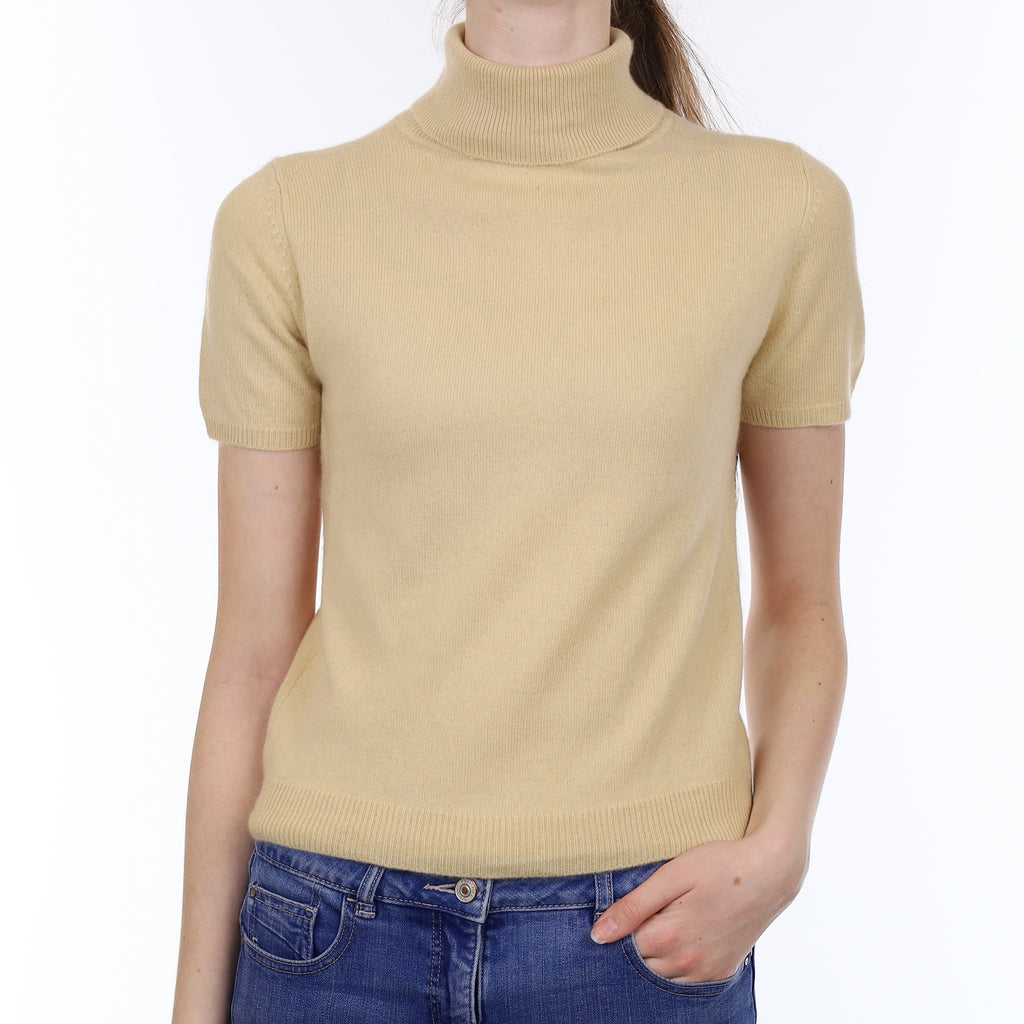 Pale Caramel Cashmere Short Sleeved Polo Neck Jumper Extra Small